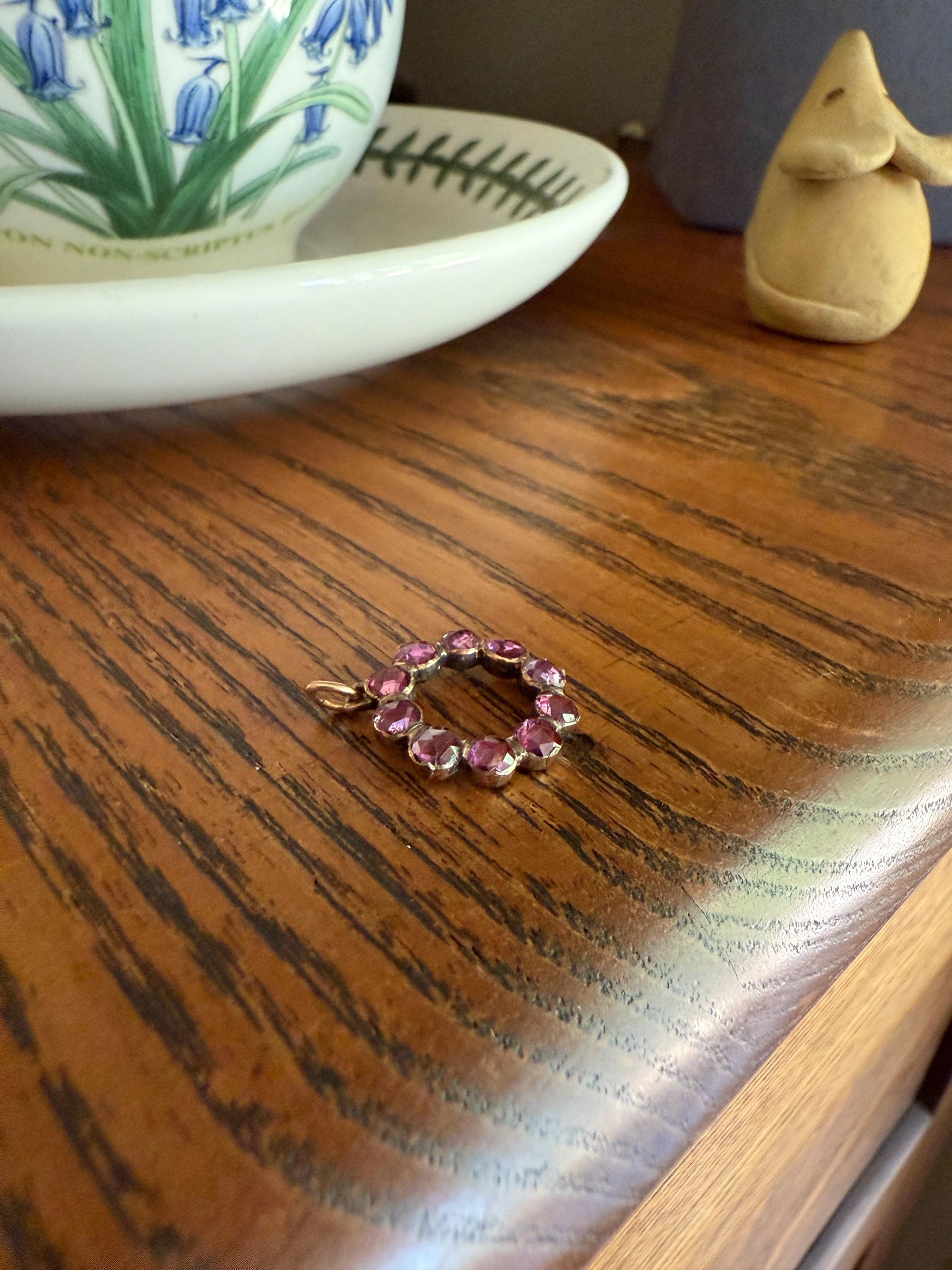 Halo O Perfect Circle ANTIQUE Perpignan GARNET 18k Pendant Geometric Charm Victorian French Belle Epoque Pink Purple