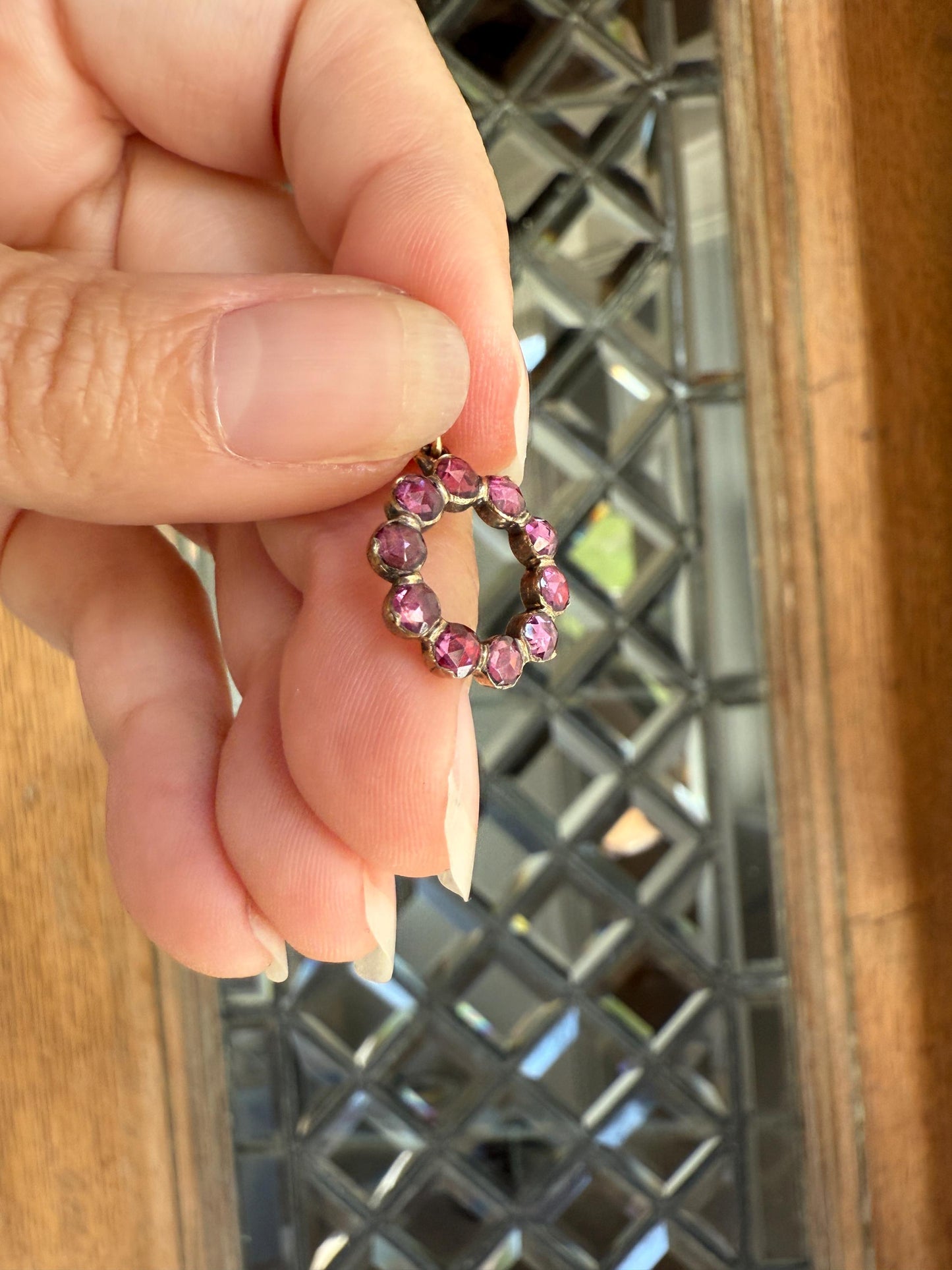 Halo O Perfect Circle ANTIQUE Perpignan GARNET 18k Pendant Geometric Charm Victorian French Belle Epoque Pink Purple