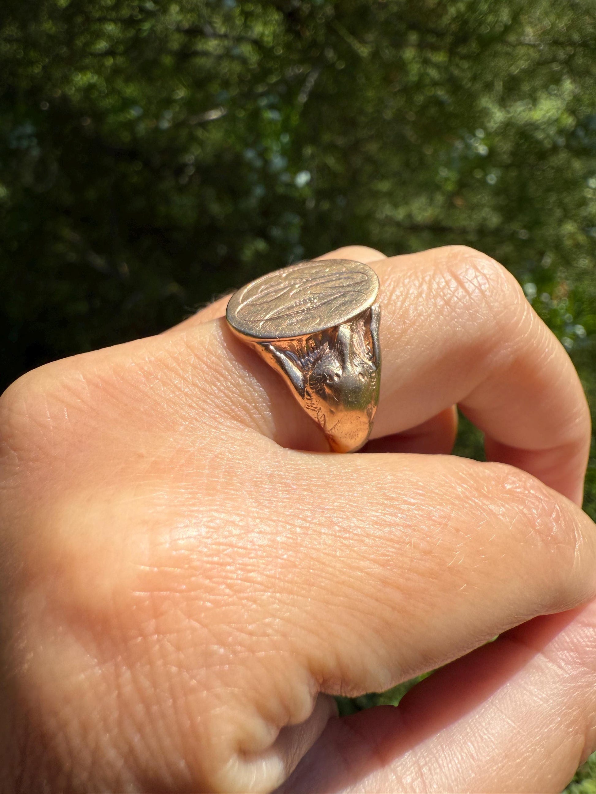 FOX or WOLF Figural Signet 8.5g 10k Rose Gold Antique Animal Ring Chunky Band Sturdy Heavy Unisex Lifelike Detail Initial Monogram Man or