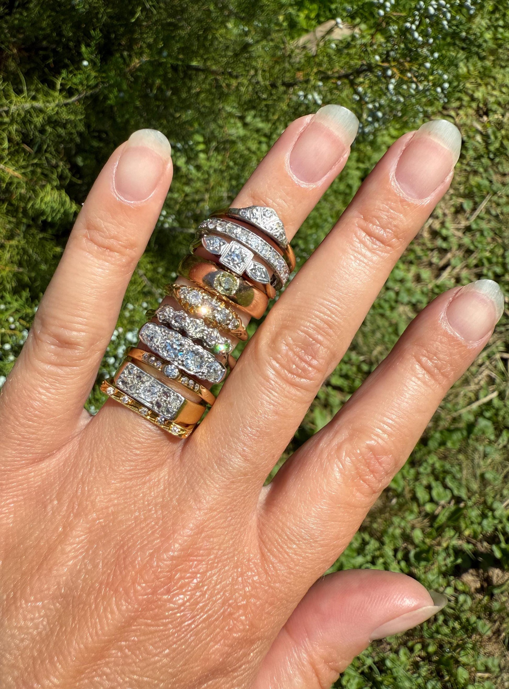Three Stone Diamond Starburst Bezel Antique Art Deco Skinny Wedding Band 9k Gold Platinum Solid Stacker Ring Single Cut Dainty Engagement
