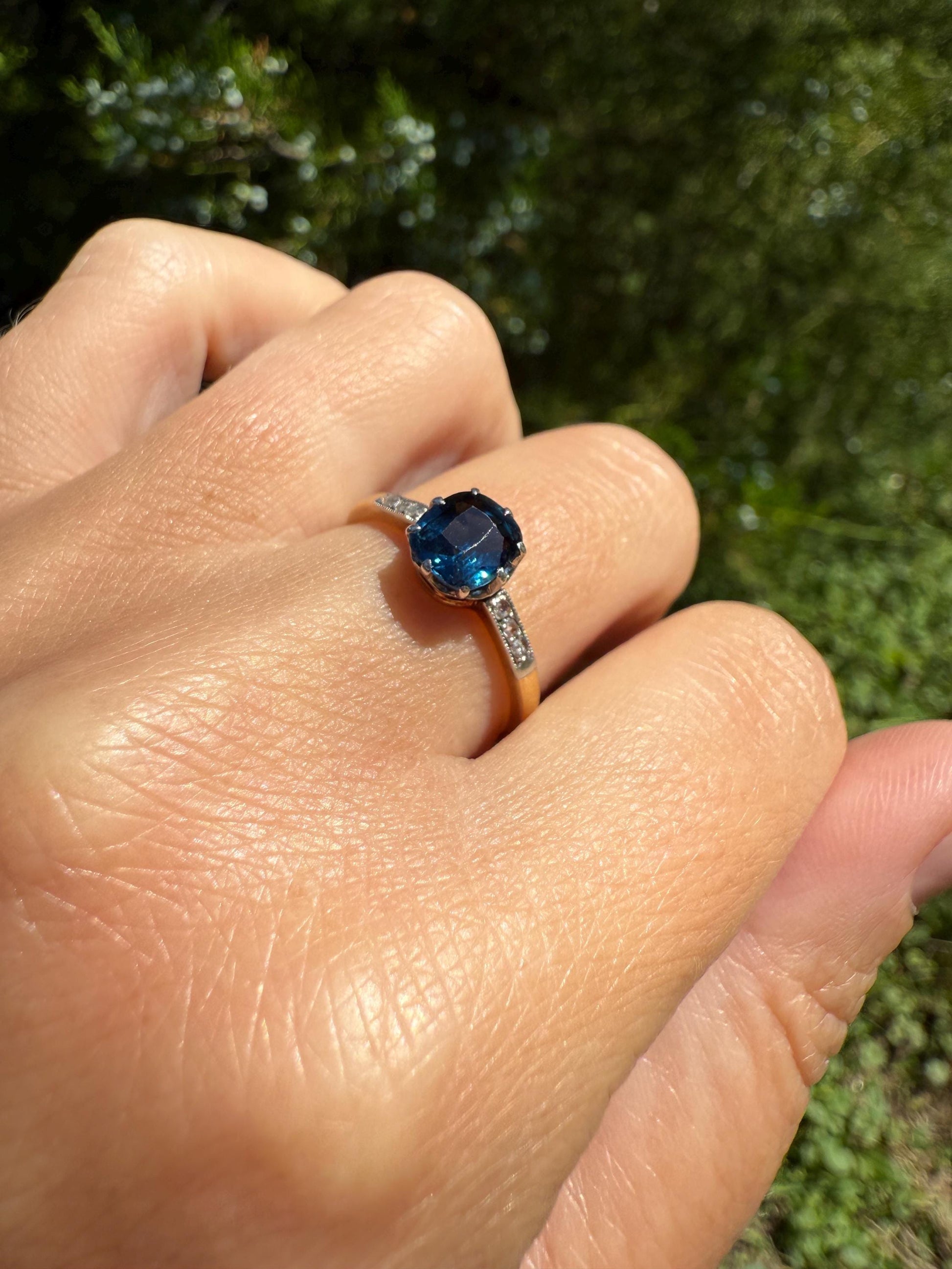 French Antique Old Cut Blue Green SAPPHIRE Rose Cut DIAMOND Natural Antique Solitaire w/ Accents Alt Engagement Ring Stacker Belle Epoque