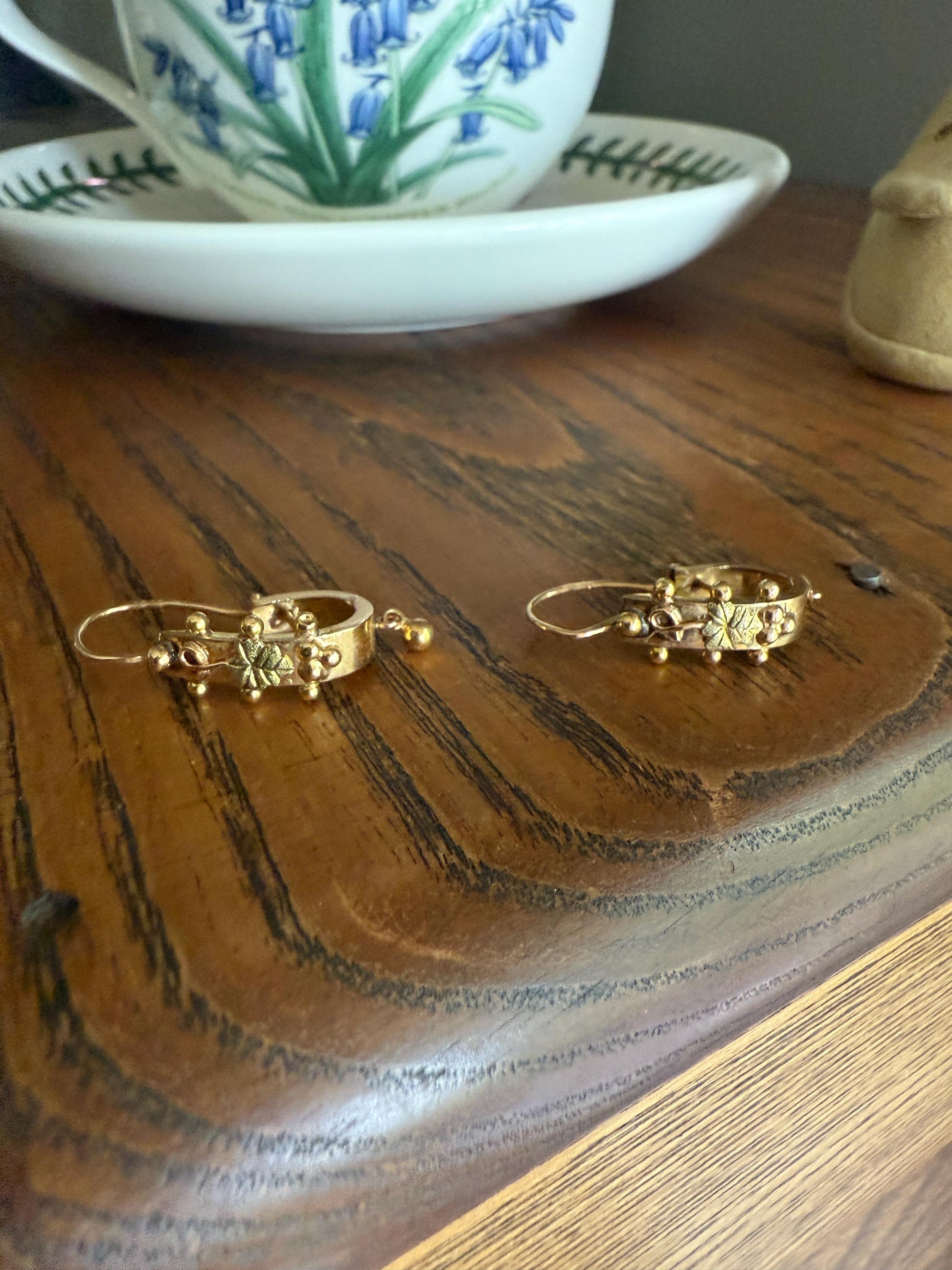 Ornate Antique Ball Rivet Poissarde Earrings Ivy Green Leaf & Bead Dangle French Belle Epoque 18k Gold Solid Briquet Hoops Floral Figural 3D