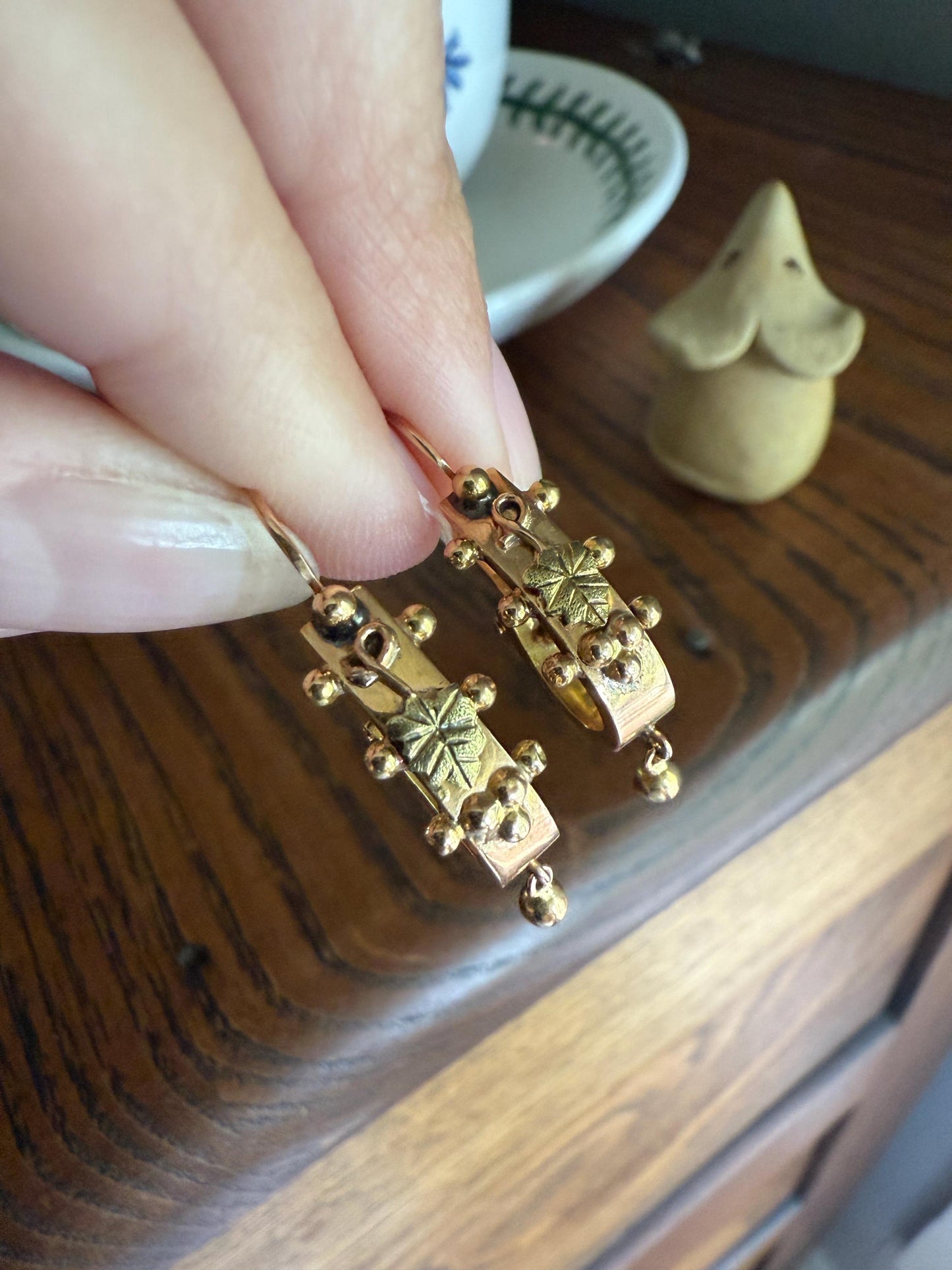 Ornate Antique Ball Rivet Poissarde Earrings Ivy Green Leaf & Bead Dangle French Belle Epoque 18k Gold Solid Briquet Hoops Floral Figural 3D