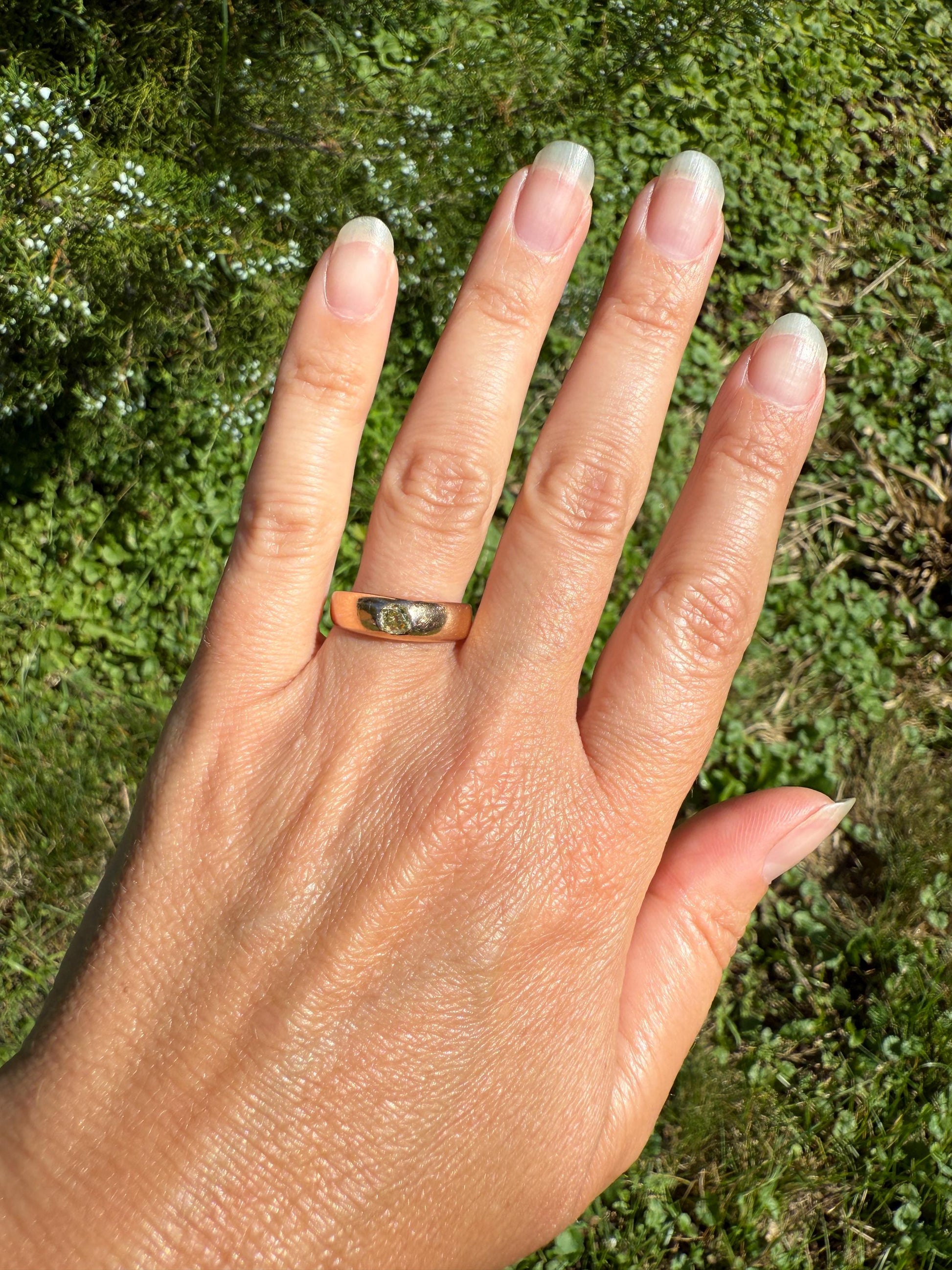 Antique Eye Clean .3 Carat Fancy Light Greenish YELLOW Old Mine Cut DIAMOND Gypsy Ring 18k Rosy Gold Chunky Band Gift Stacker Unisex OMC