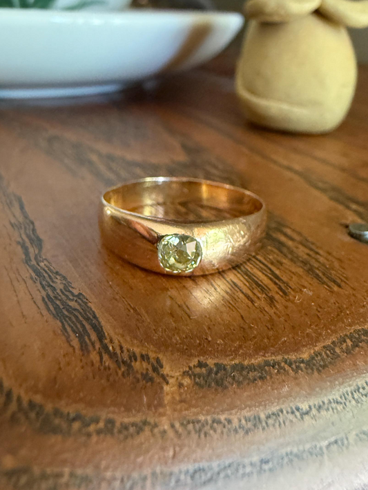 Antique Eye Clean .3 Carat Fancy Light Greenish YELLOW Old Mine Cut DIAMOND Solitaire Gypsy Ring 18k Rosy Gold Chunky Band Gift Stacker Unisex OMC