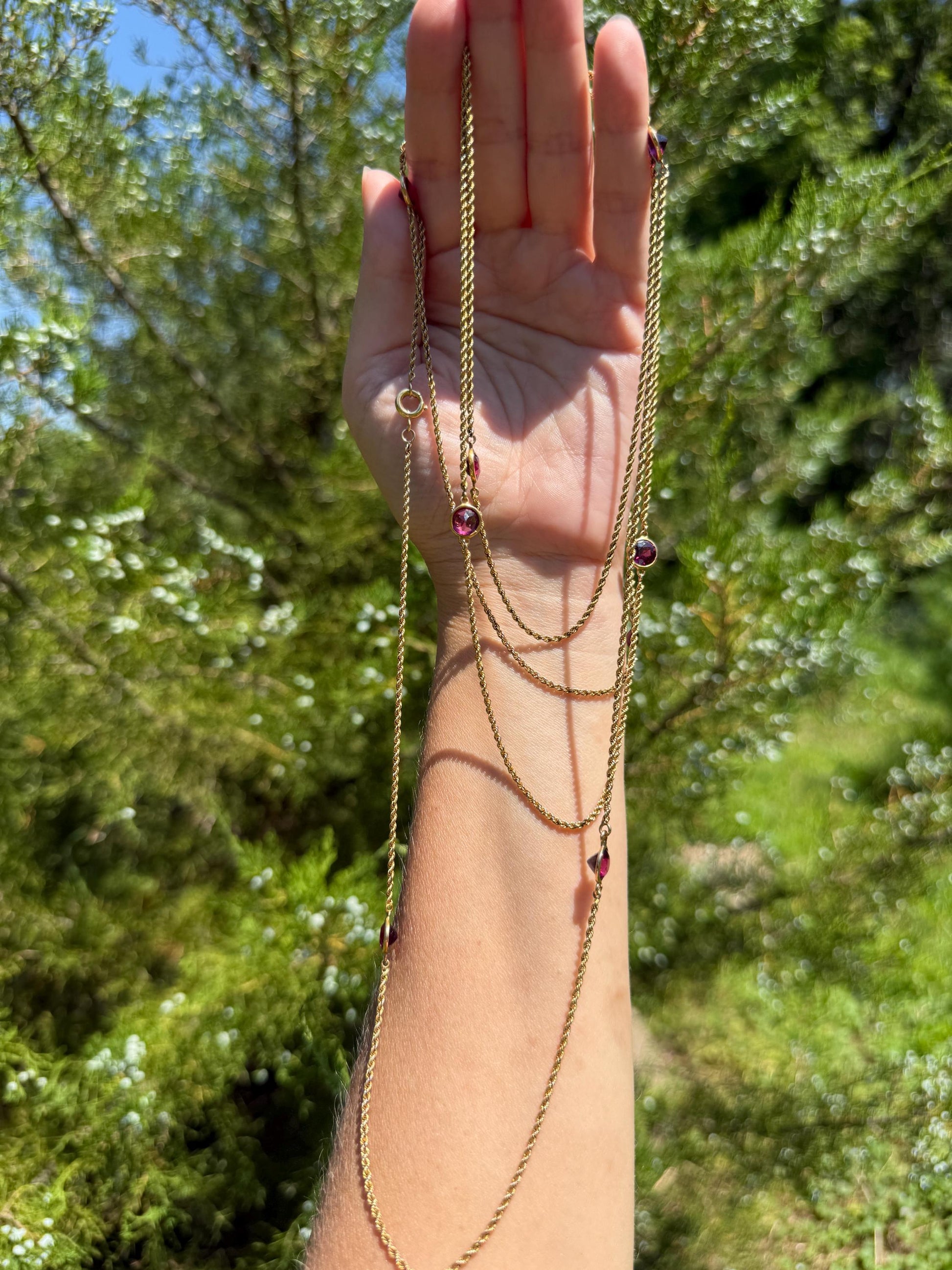 Victorian X Long Antique GARNET Station Chain Guard 67 Inch (!) 5.5 FEET 22g 14k GOLD Necklace Berry Pink Purple Neckmess Body Chain Gift