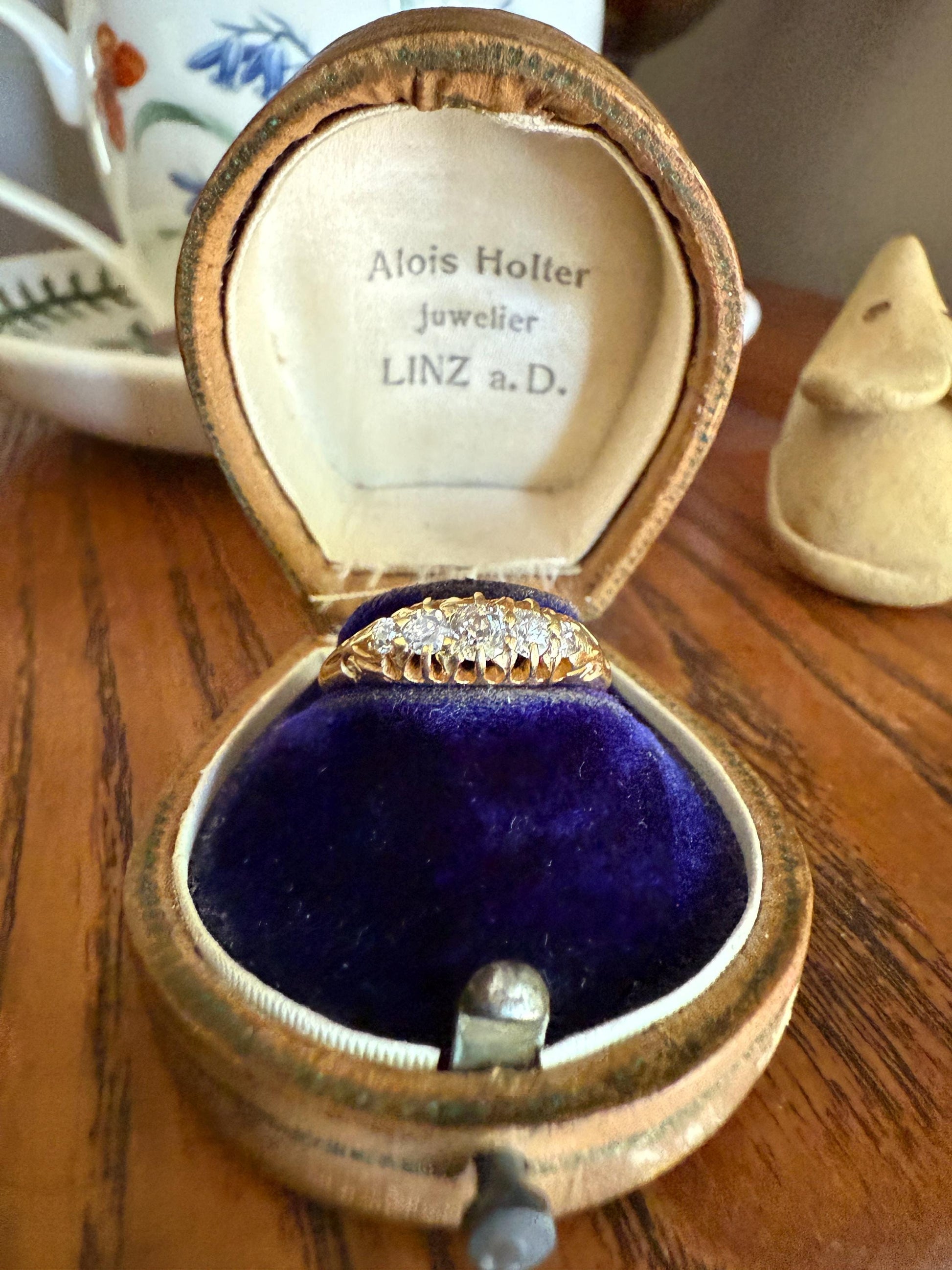 DATED April 17, 1904 Antique 2/3 Carat .65 Ctw Five Stone Old Mine Cut Diamond 18k Gold Band Romantic Gift Wedding Row Stacker Ringstack OMC