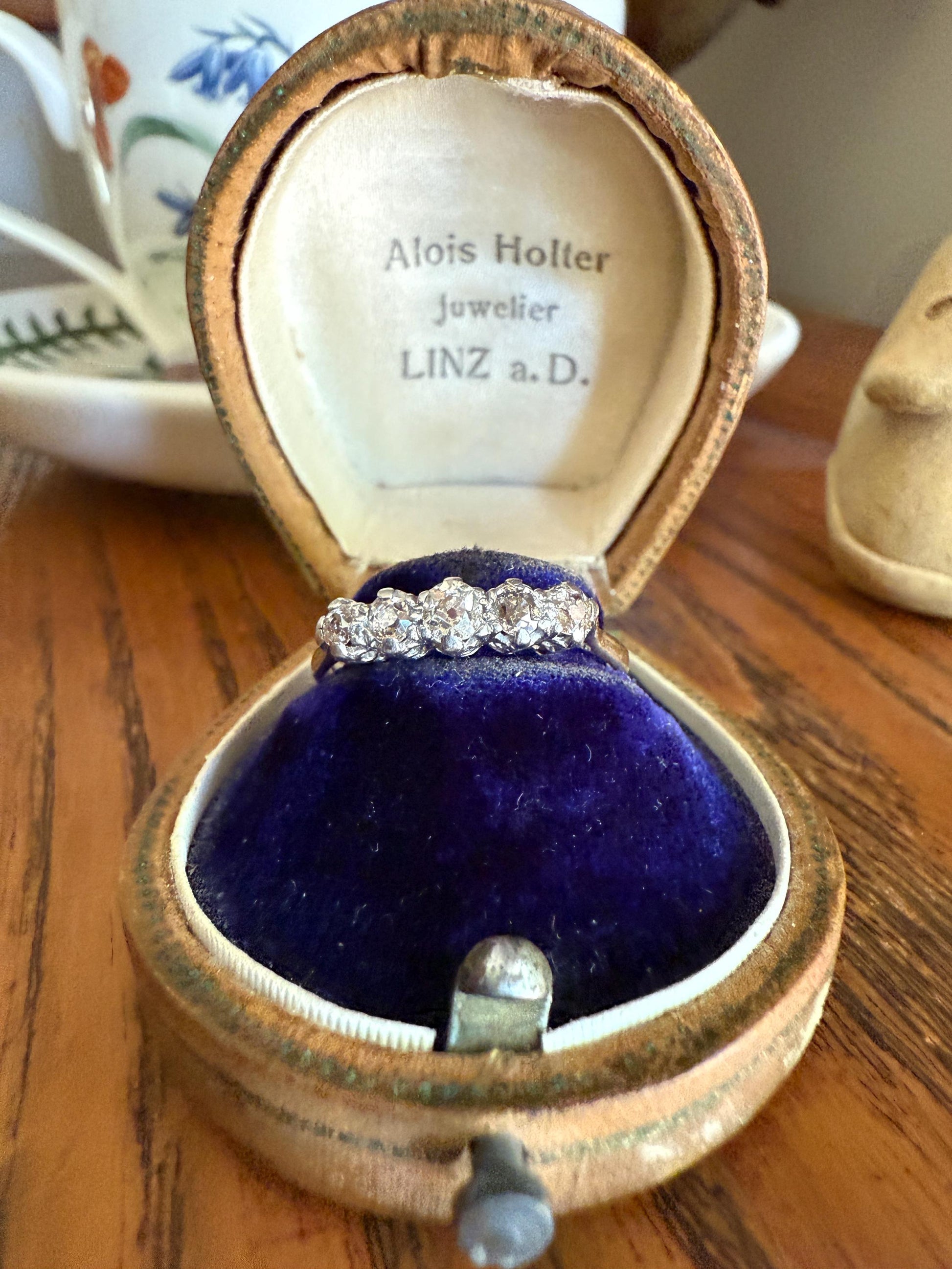 TALL Antique 0.6 Ctw Five Stone Old Mine Cut Diamond 18k Gold Platinum Band Romantic Gift Wedding Stacker Ringstack OMC Champagne