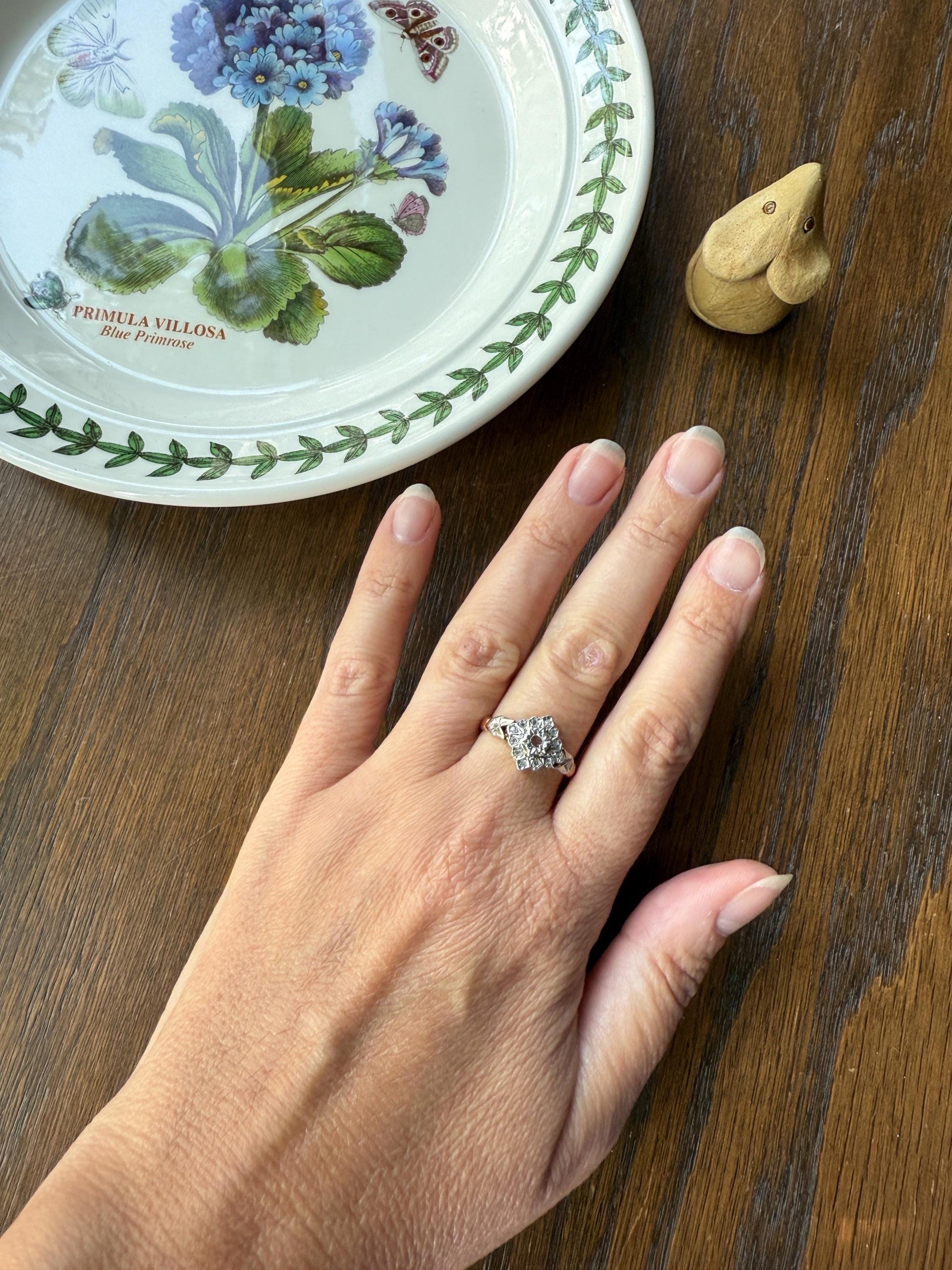 TULIP Floral Square Rose Cut DIAMOND Cluster Halo French Antique Ring 18k Gold Victorian Art Nouveau Belle Epoque Romantic Gift Stacker