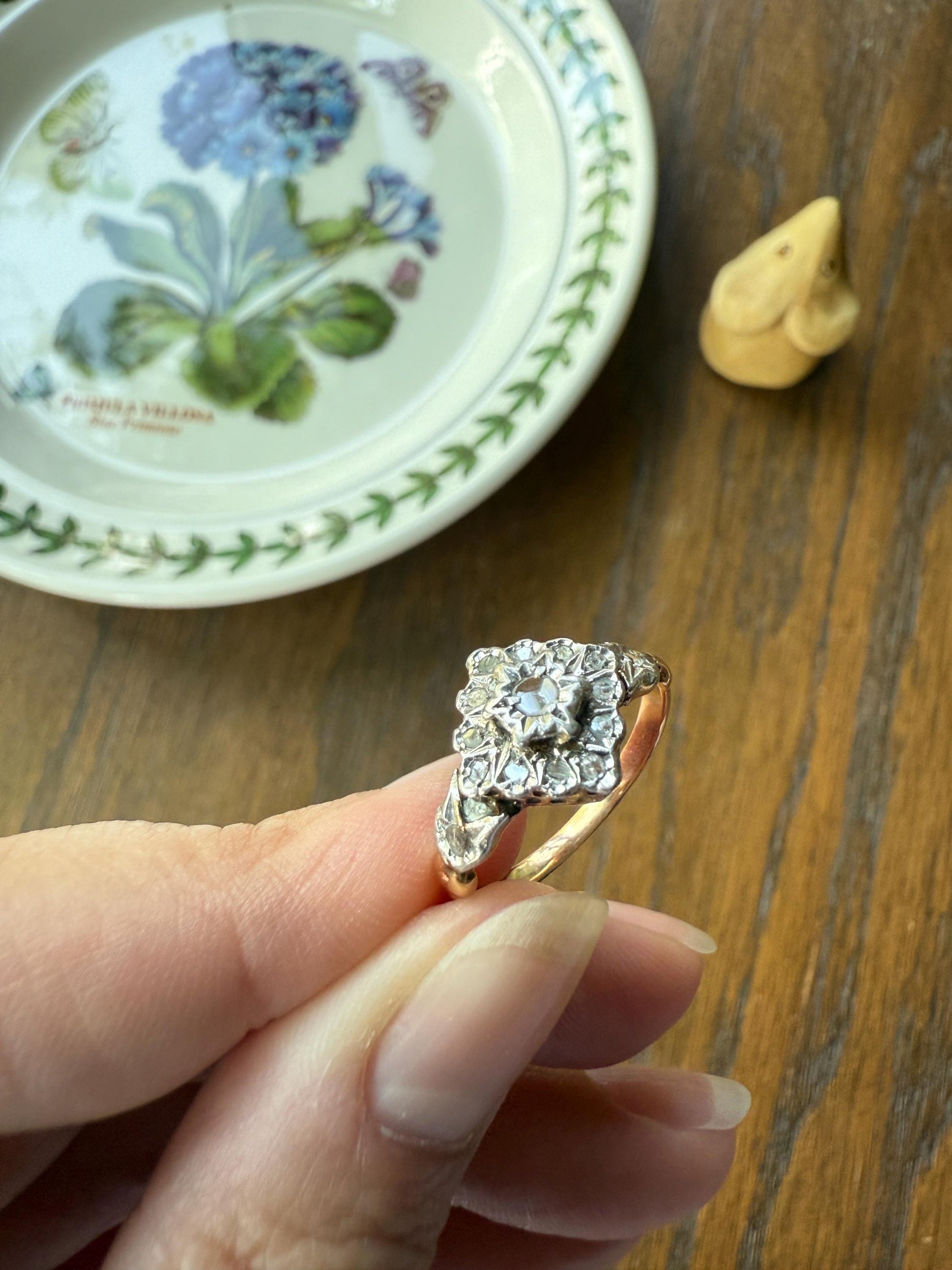 TULIP Floral Square Rose Cut DIAMOND Cluster Halo French Antique Ring 18k Gold Victorian Art Nouveau Belle Epoque Romantic Gift Stacker