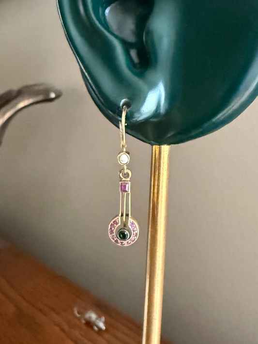Victorian Natural Ruby Halo Dangle Earrings Bullseye Target Linear Antique 14k Gold Geometric Lever Back
