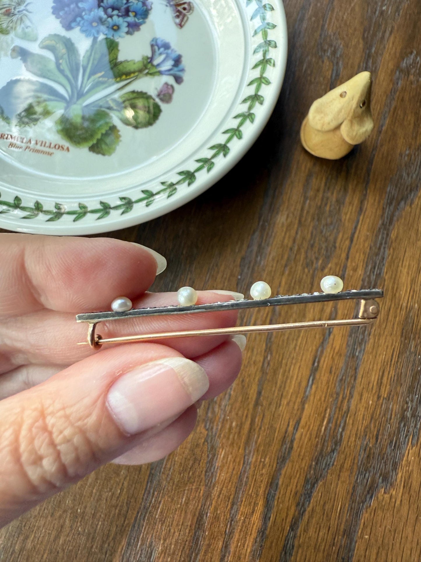 Antique Pearl Rose Cut Diamond Bar Brooch Extender Connector Pin 18k Gold Silver Solid French Linear Victorian Bridal Hair Pin Something Old