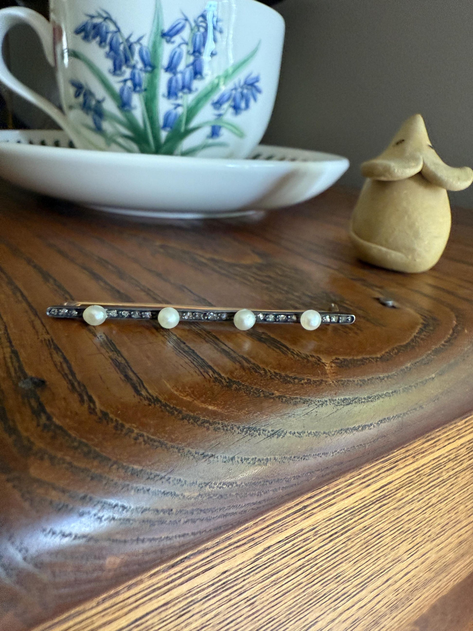 Antique Pearl Rose Cut Diamond Bar Brooch Extender Connector Pin 18k Gold Silver Solid French Linear Victorian Bridal Hair Pin Something Old