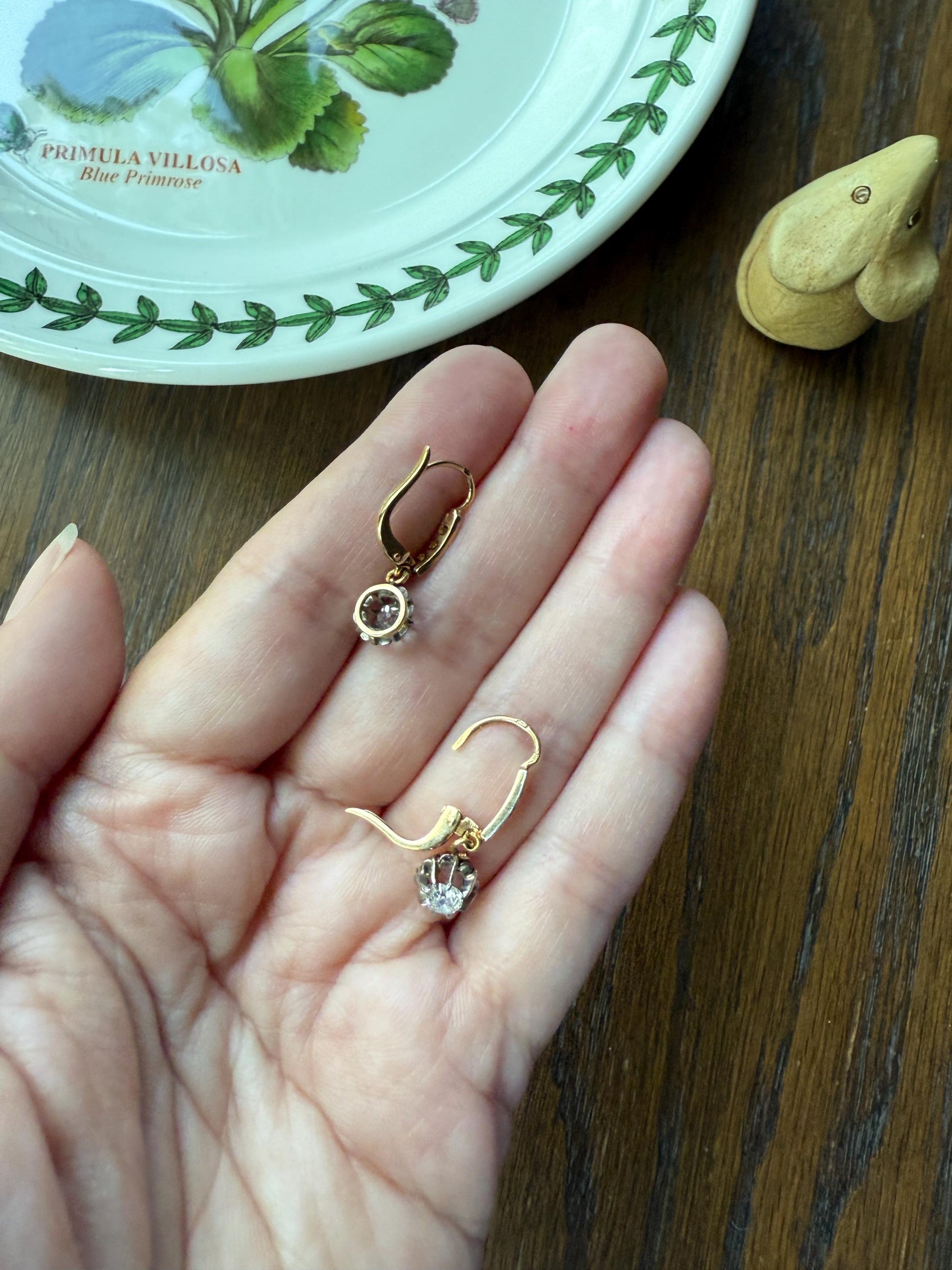 Old Mine Rose Cut Diamonds .5 Carat Tdw Dangle French Antique Dormeuse 18k Gold .5Ctw OMC Victorian Edwardian Belle Epoque Bridal OMC