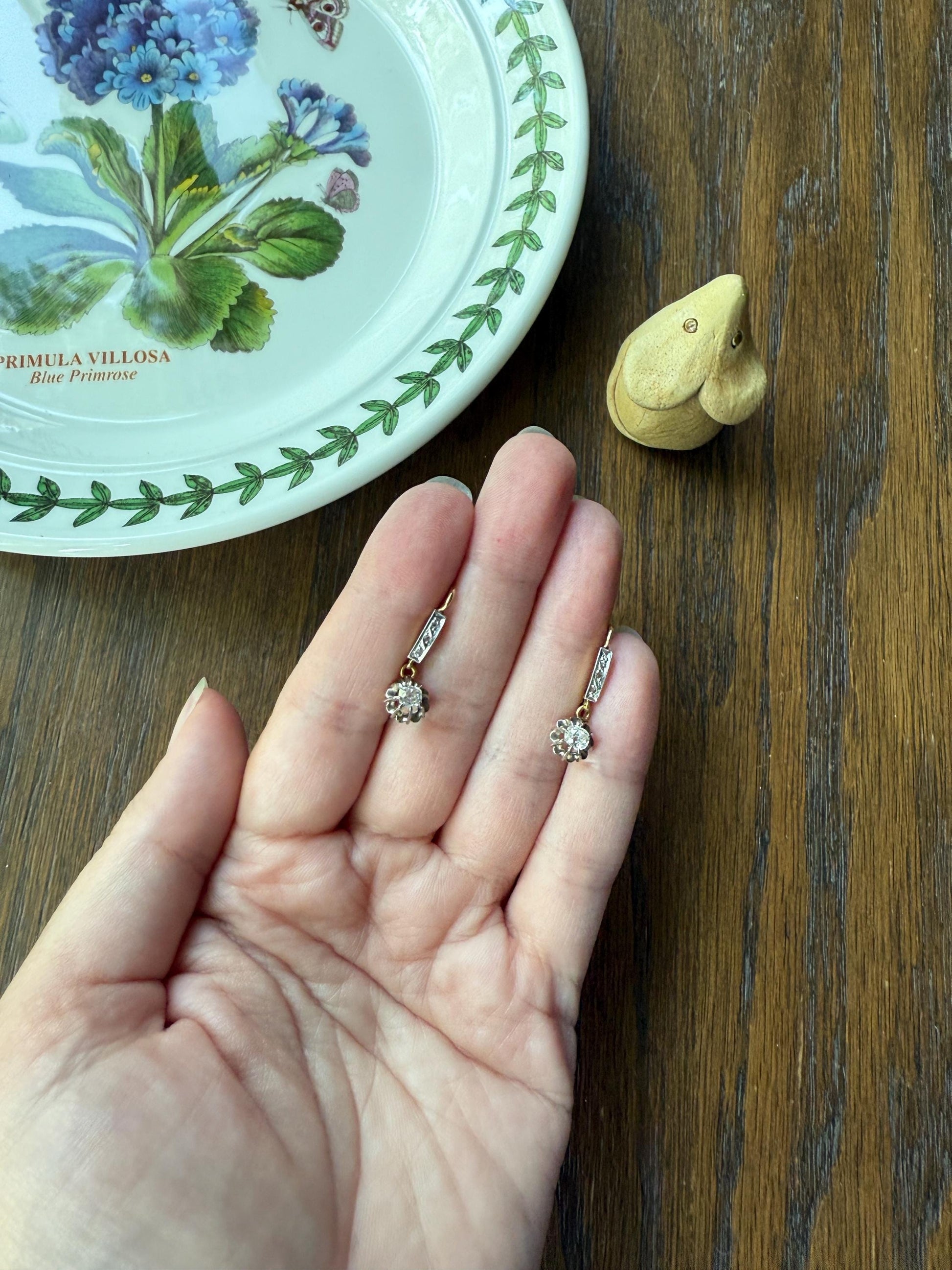 Old Mine Rose Cut Diamonds .5 Carat Tdw Dangle French Antique Dormeuse 18k Gold .5Ctw OMC Victorian Edwardian Belle Epoque Bridal OMC