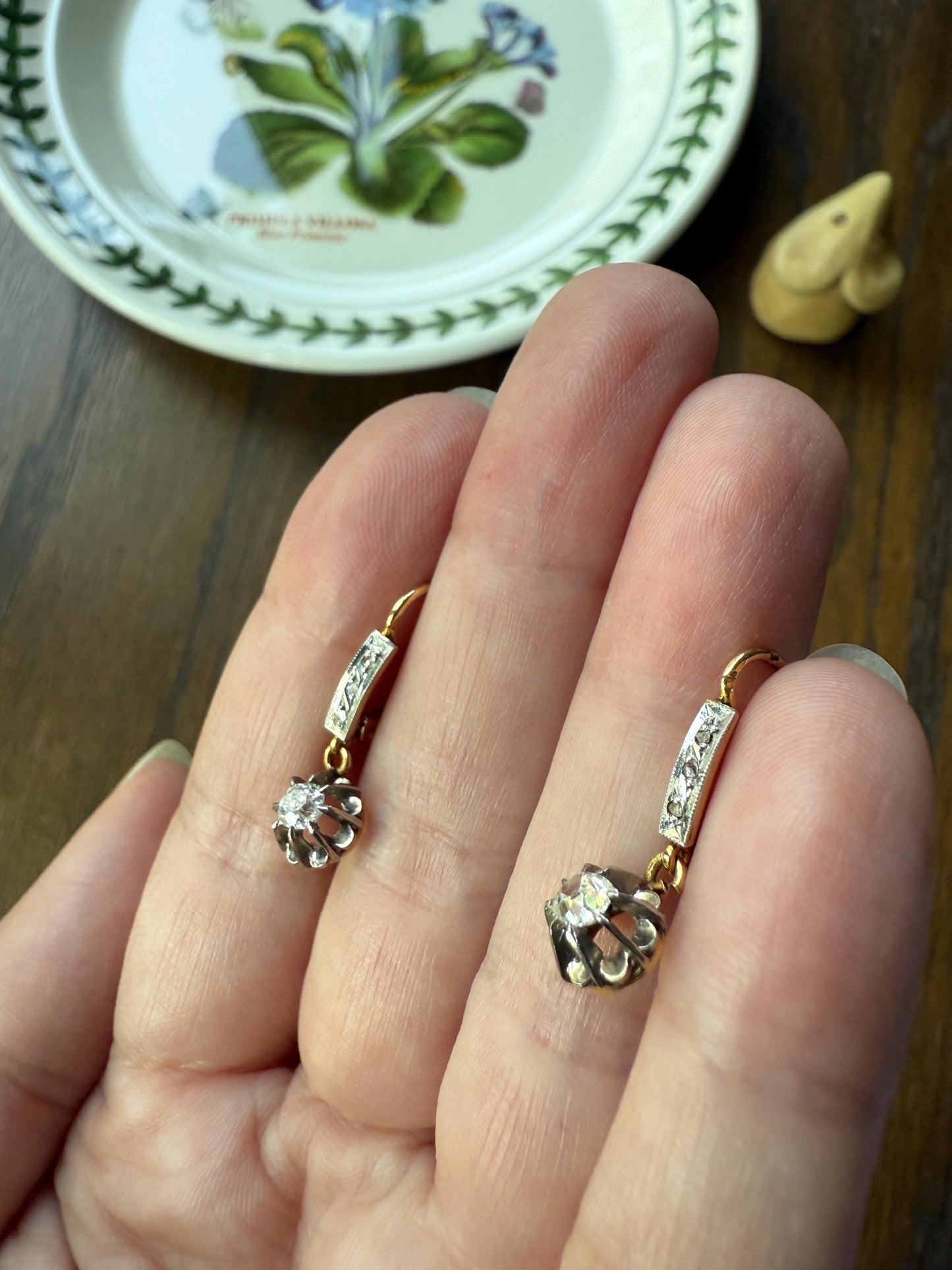 Old Mine Rose Cut Diamonds .5 Carat Tdw Dangle French Antique Dormeuse 18k Gold .5Ctw OMC Victorian Edwardian Belle Epoque Bridal OMC