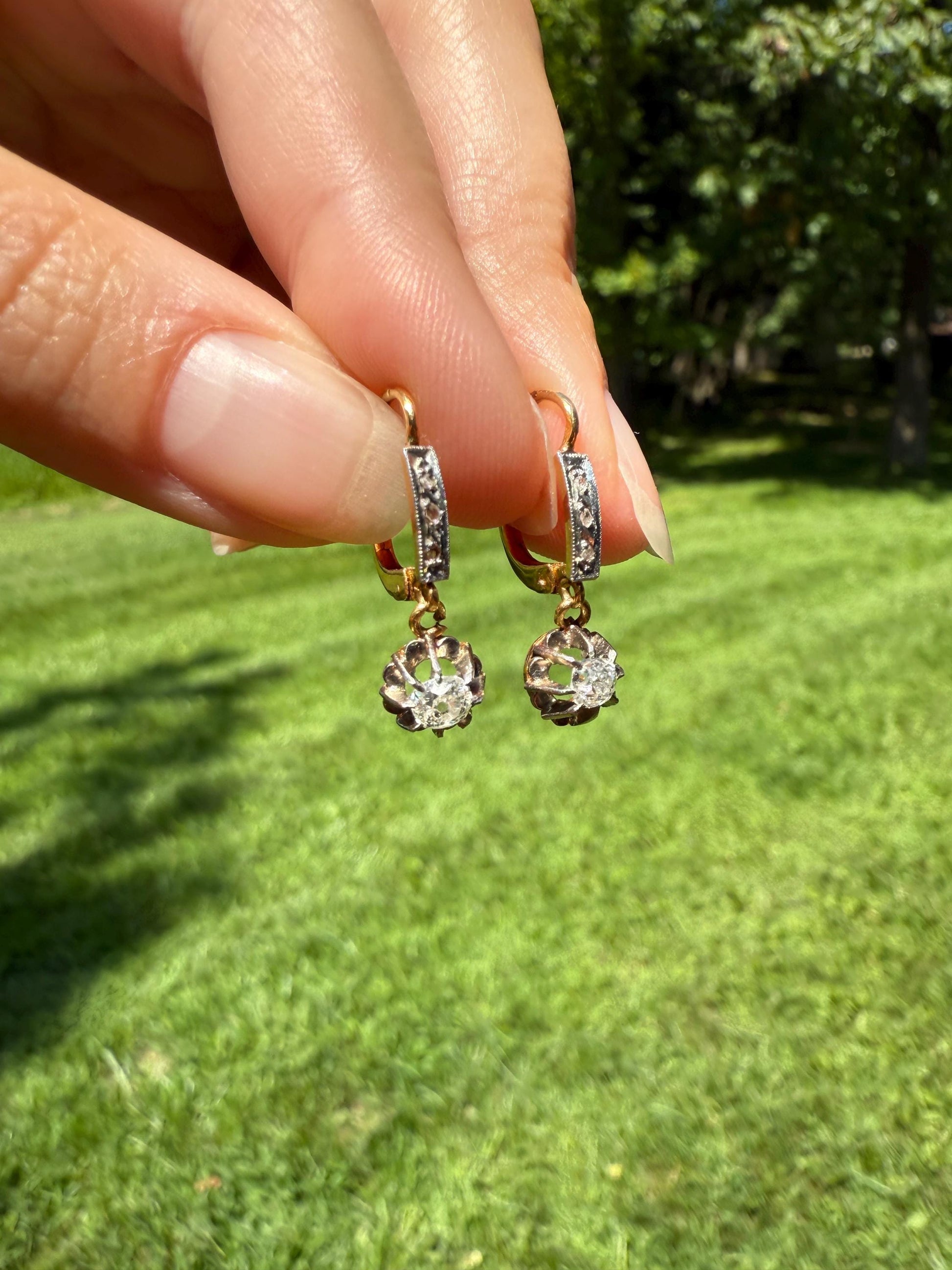 Old Mine Rose Cut Diamonds .5 Carat Tdw Dangle French Antique Dormeuse 18k Gold .5Ctw OMC Victorian Edwardian Belle Epoque Bridal OMC