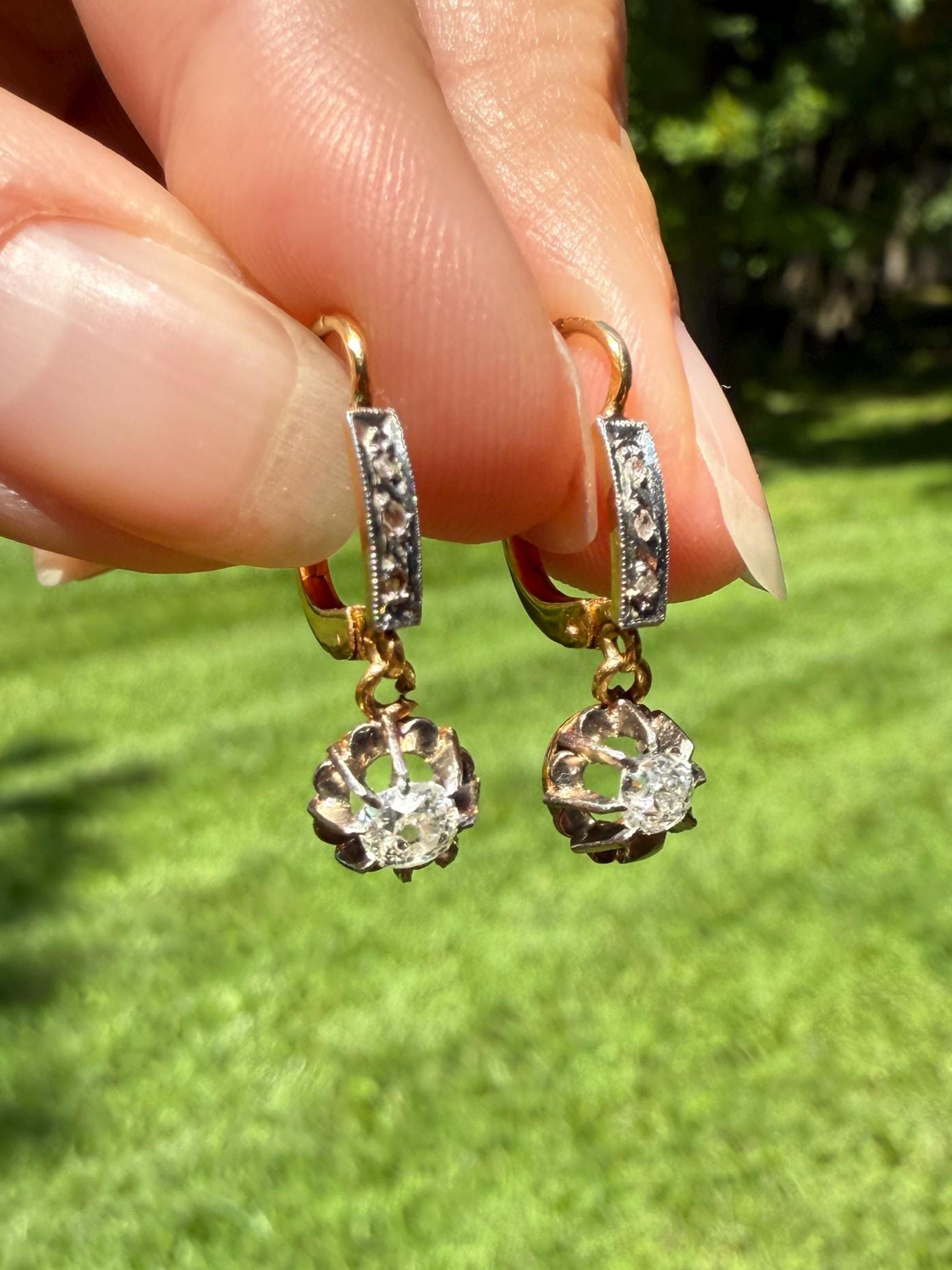 Old Mine Rose Cut Diamonds .5 Carat Tdw Dangle French Antique Dormeuse 18k Gold .5Ctw OMC