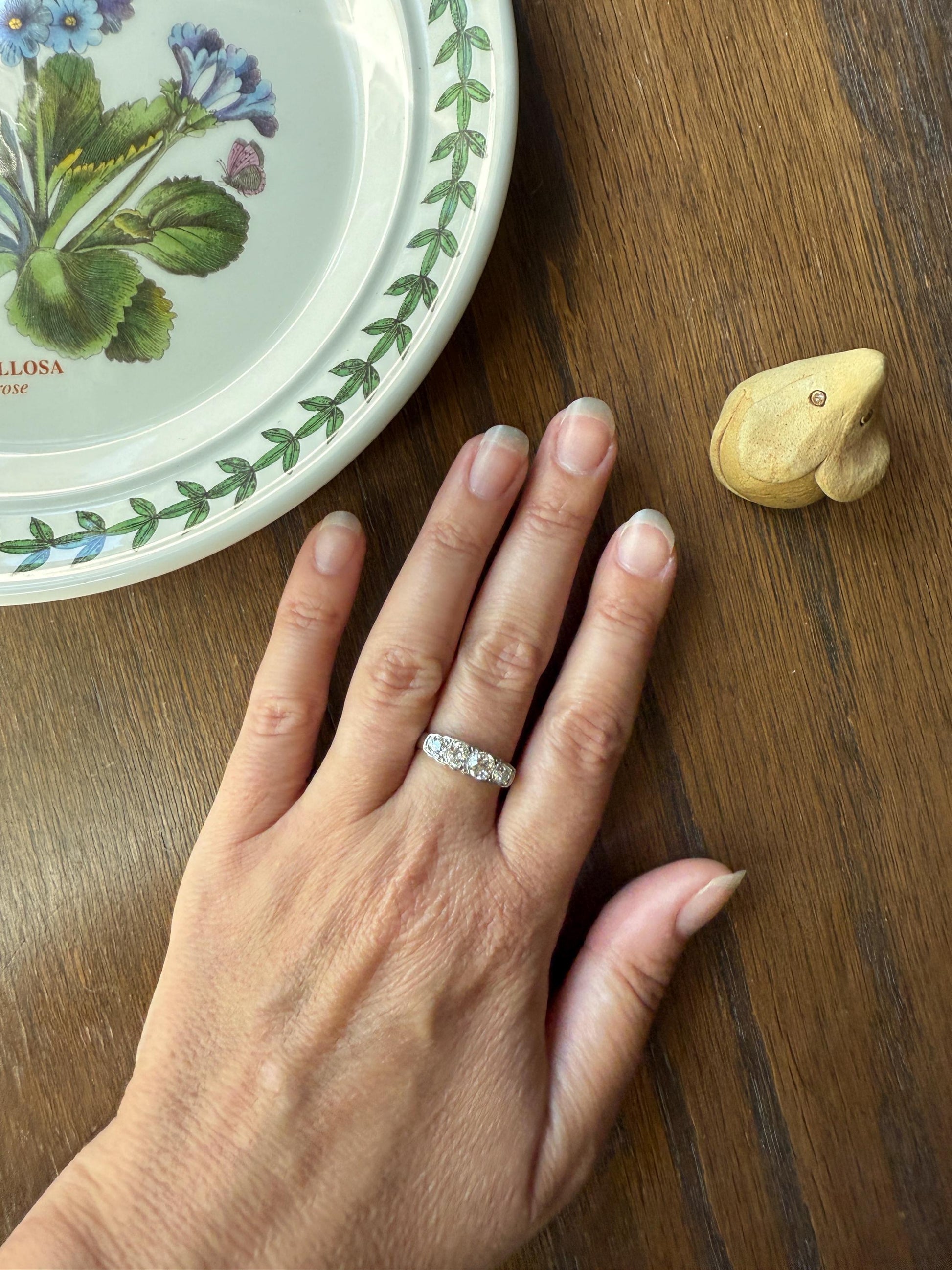 Antique 1.25 Carat Eye Clean Four Stone Old Mine Cut Diamond 18k White Gold French Band Romantic Gift Wedding Row Stacker Ringstack OMC