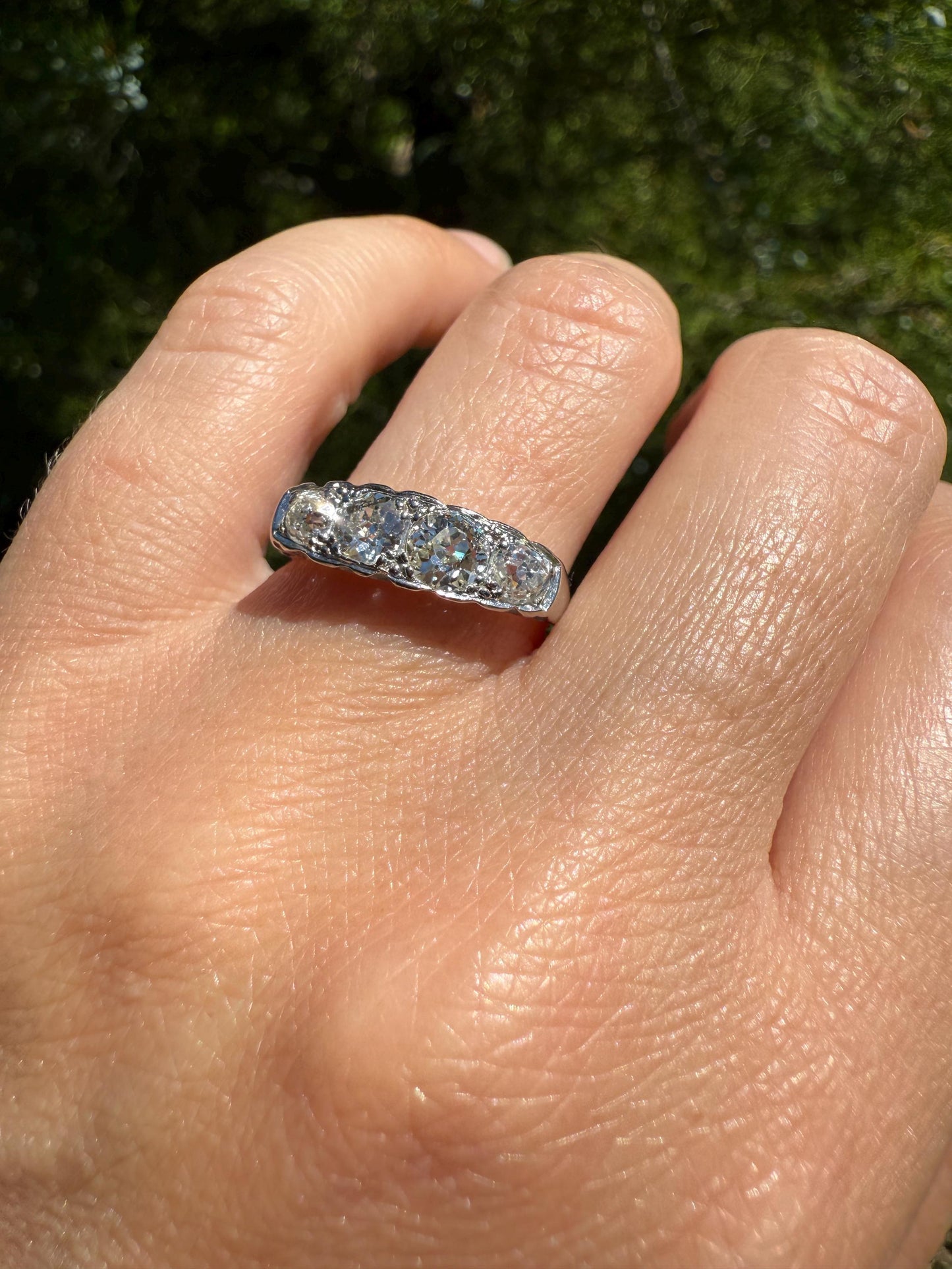 Antique 1.25 Carat Eye Clean Four Stone Old Mine Cut Diamond 18k White Gold French Band Romantic Gift Wedding Row Stacker Ringstack OMC