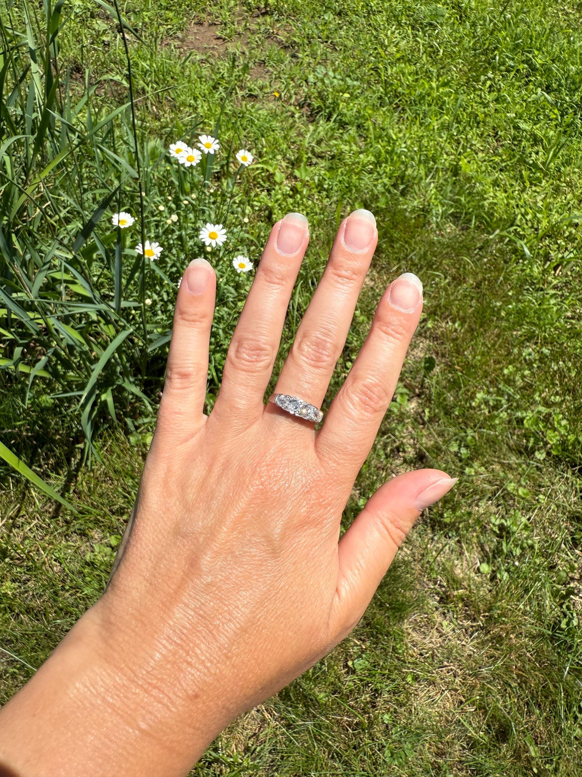 Antique 1.25 Carat Eye Clean Four Stone Old Mine Cut Diamond 18k White Gold French Band Romantic Gift Wedding Row Stacker Ringstack OMC