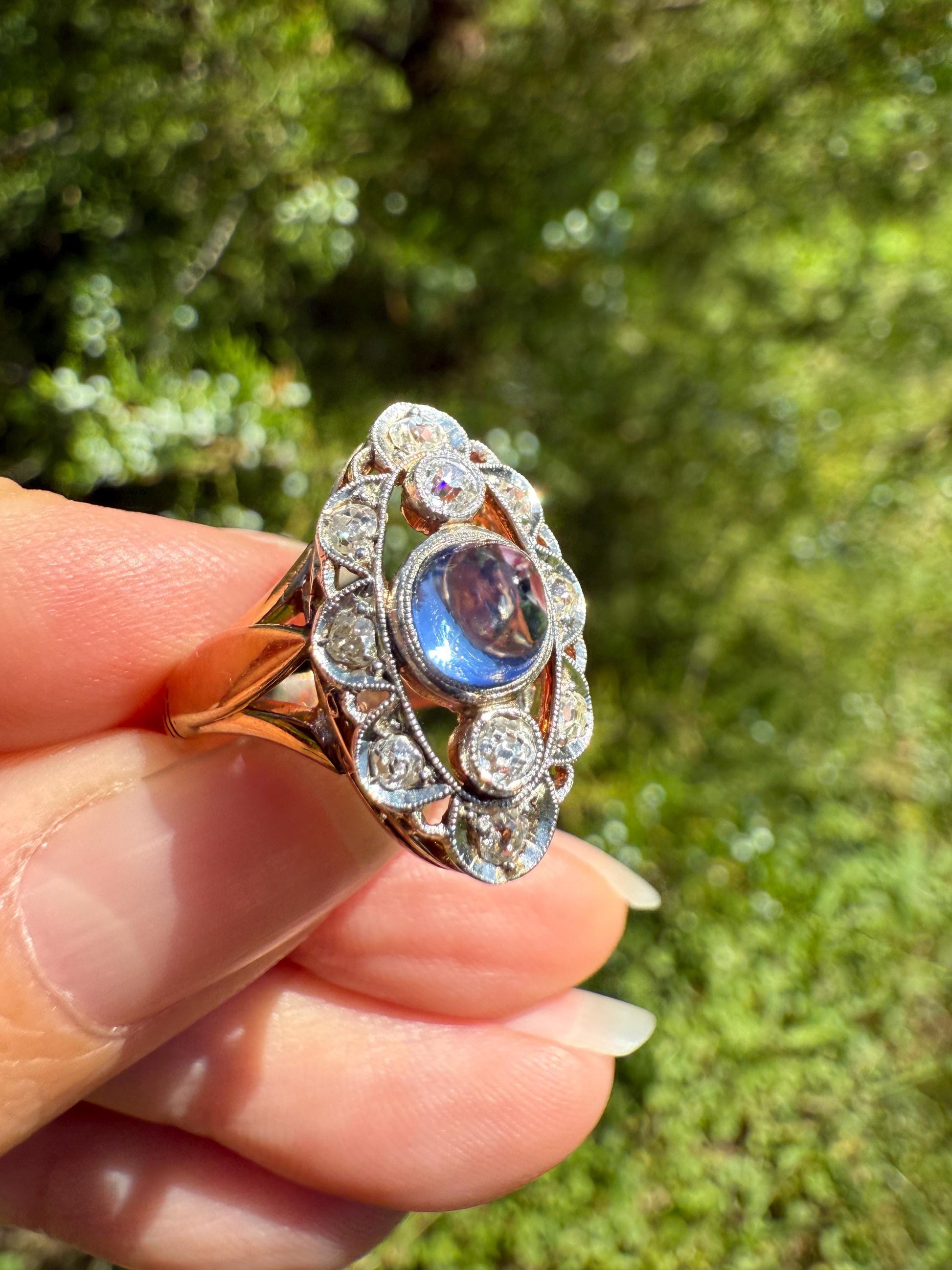 Glowing Blue Sugarloaf Sapphire Old Mine Cut DIAMOND Halo Scalloped French Antique 18k Gold Oval Marquise Navette Antique Ring Stacker OMC