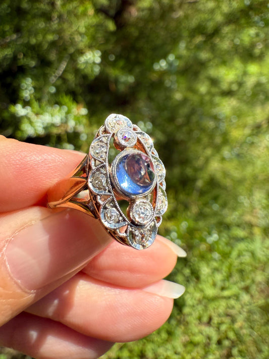 Glowing Blue Sugarloaf Sapphire Old Mine Cut DIAMOND Halo Scalloped French Antique 18k Gold Oval Marquise Navette Antique Ring Stacker OMC
