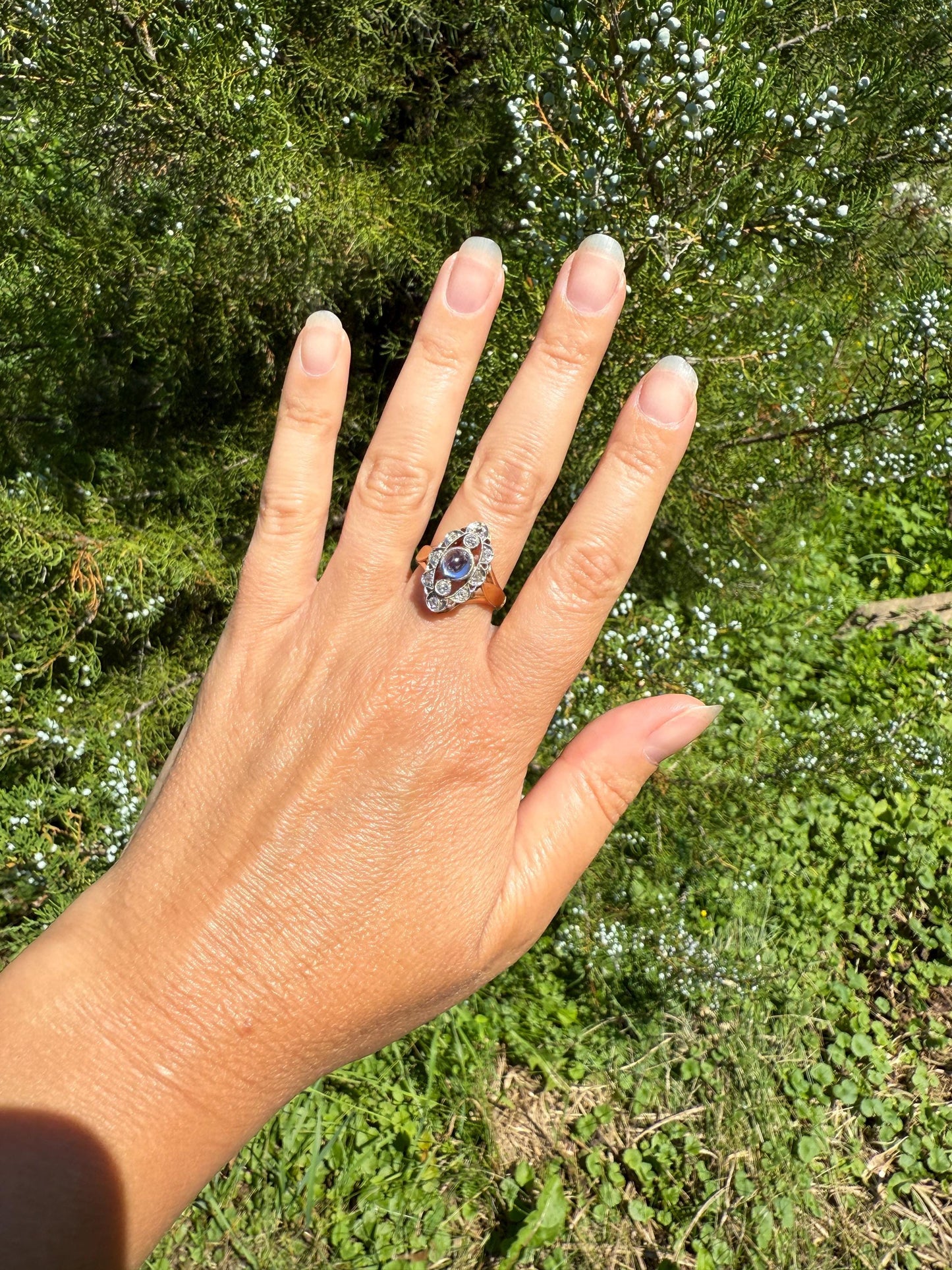 Glowing Blue Sugarloaf Sapphire Old Mine Cut DIAMOND Halo Scalloped French Antique 18k Gold Oval Marquise Navette Antique Ring Stacker OMC
