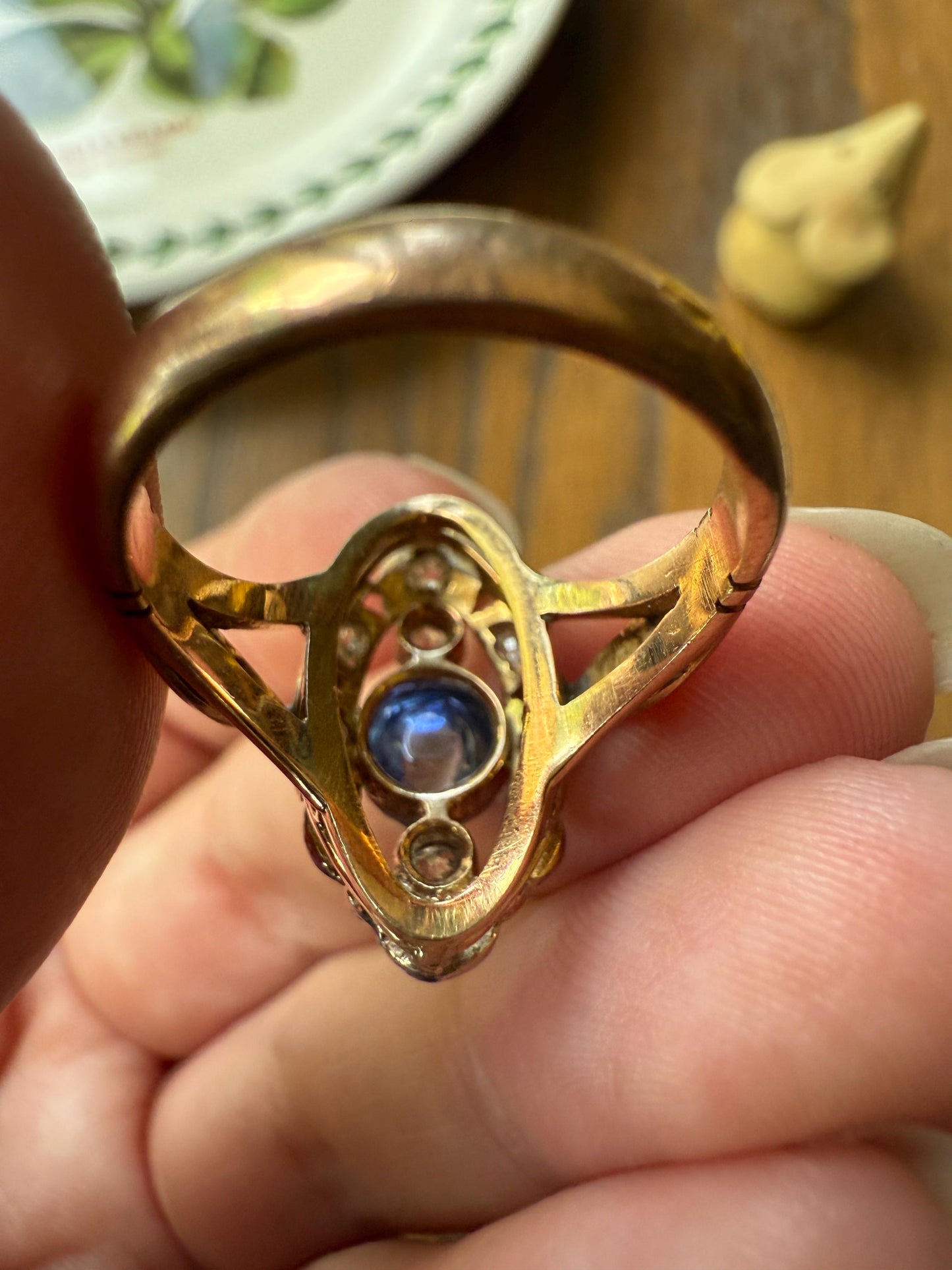 Glowing Blue Sugarloaf Sapphire Old Mine Cut DIAMOND Halo Scalloped French Antique 18k Gold Oval Marquise Navette Antique Ring Stacker OMC