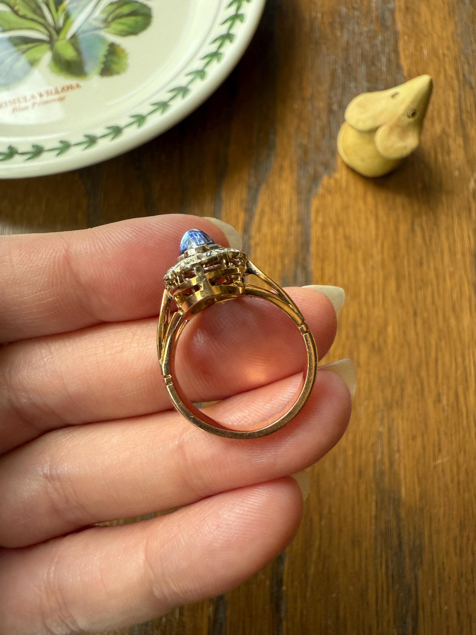 Glowing Blue Sugarloaf Sapphire Old Mine Cut DIAMOND Halo Scalloped French Antique 18k Gold Oval Marquise Navette Antique Ring Stacker OMC