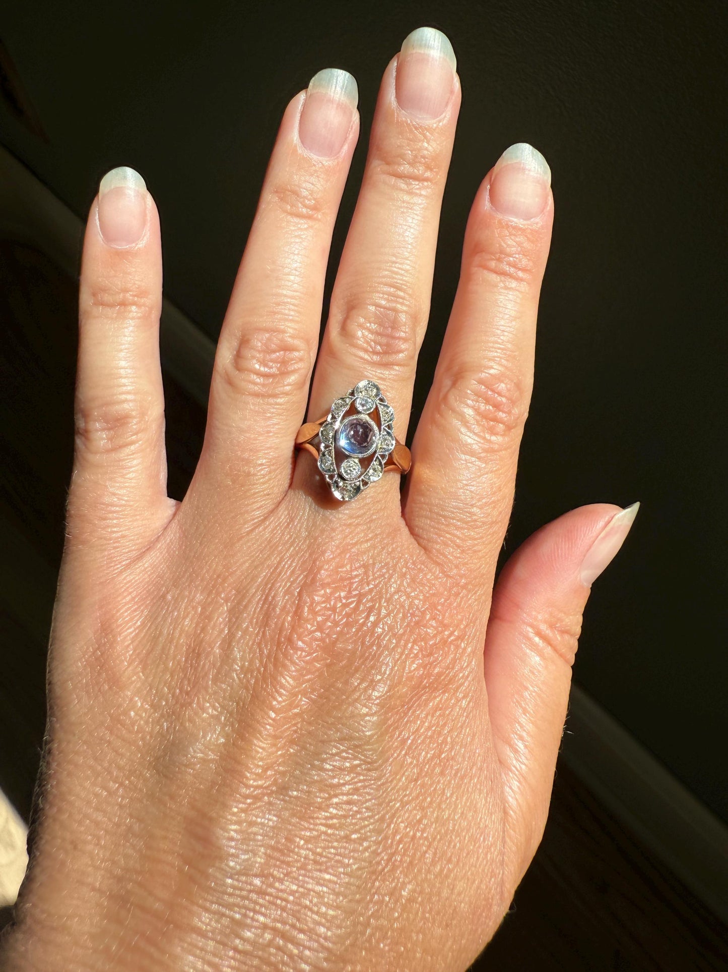 Glowing Blue Sugarloaf Sapphire Old Mine Cut DIAMOND Halo Scalloped French Antique 18k Gold Oval Marquise Navette Antique Ring Stacker OMC