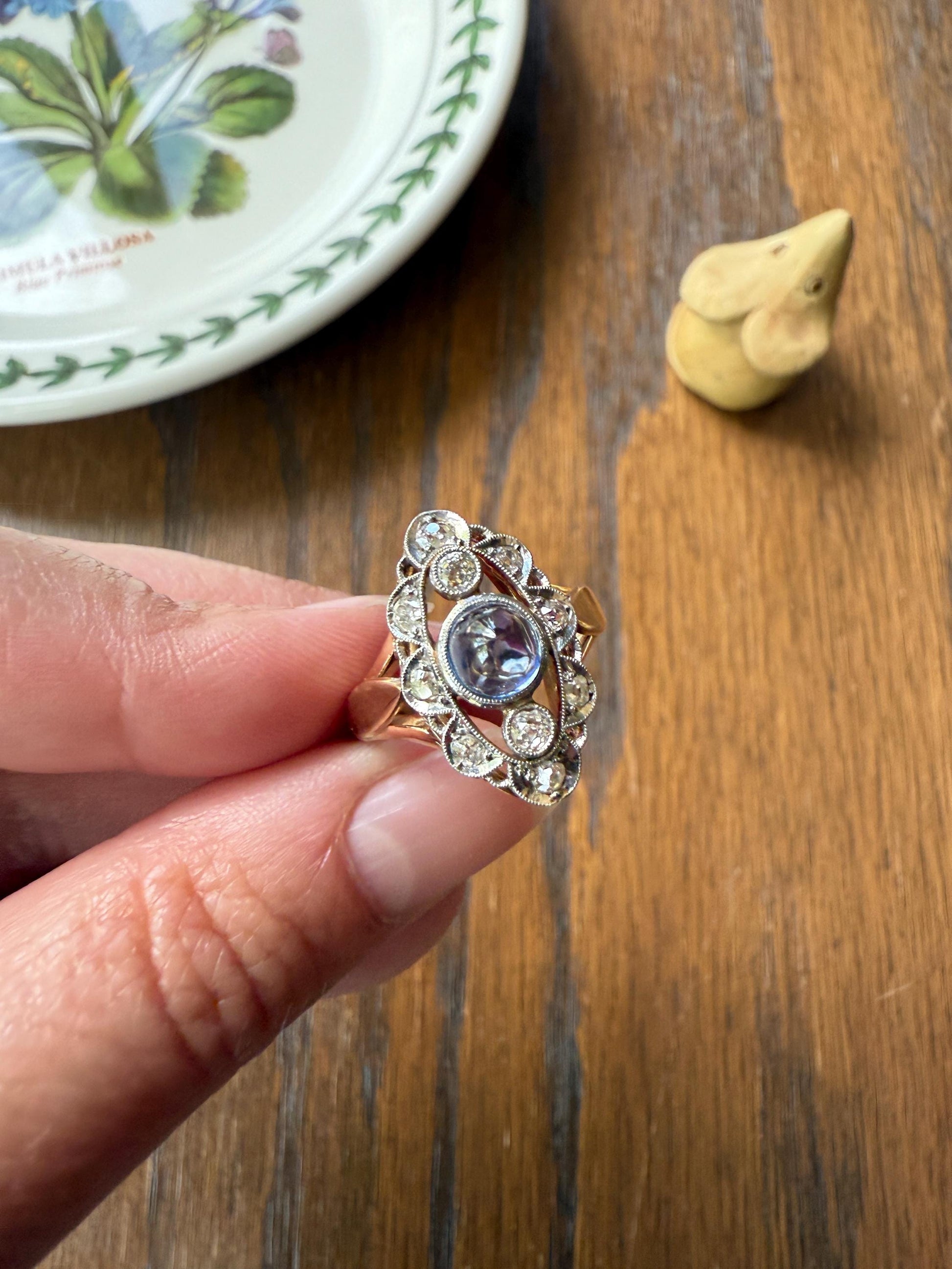 Glowing Blue Sugarloaf Sapphire Old Mine Cut DIAMOND Halo Scalloped French Antique 18k Gold Oval Marquise Navette Antique Ring Stacker OMC