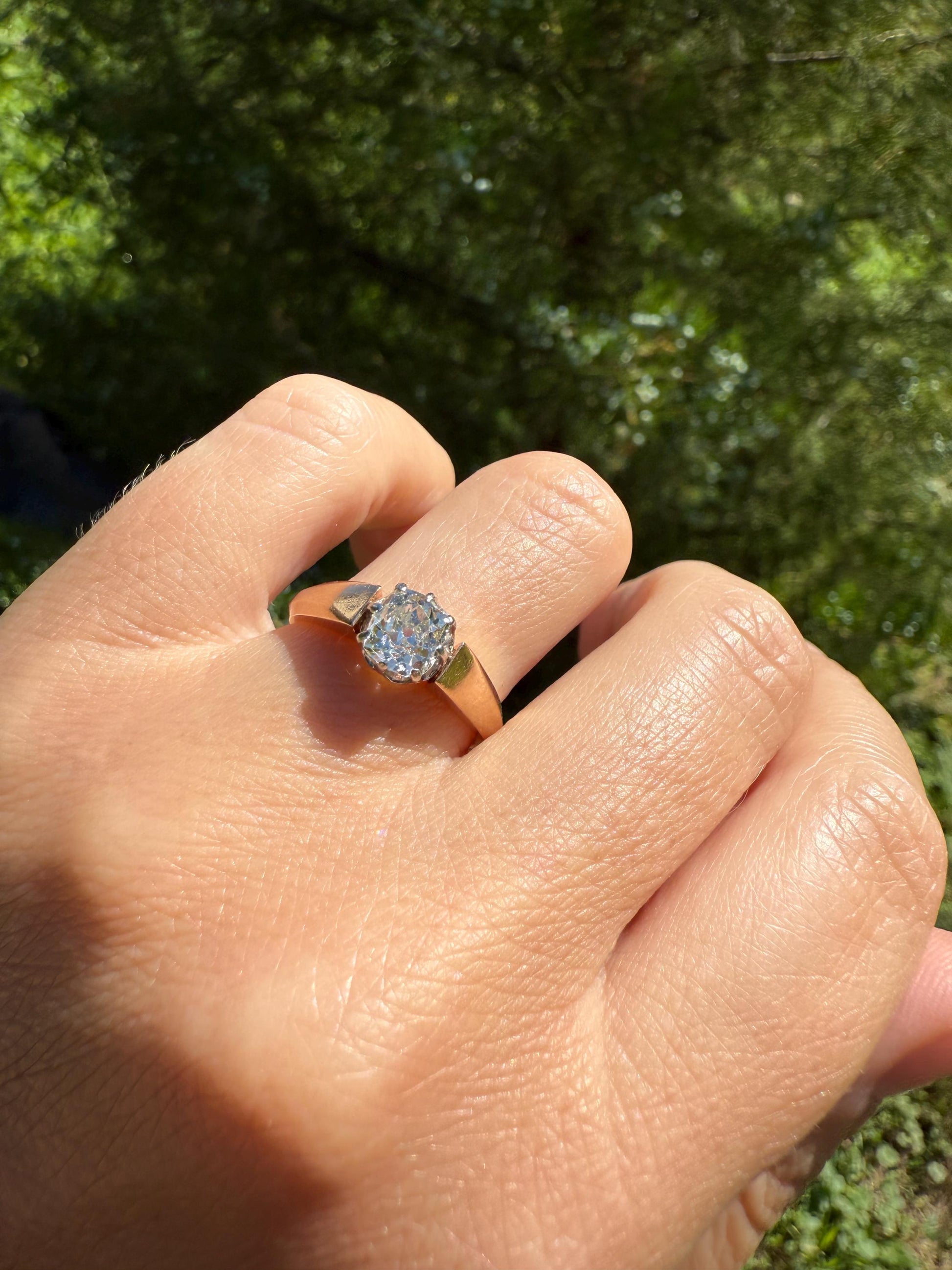 Classic Antique .75 Carat Eye Clean Old Mine Cut Diamond 18k Rosy Gold French Victorian Engagement Ring Solitaire Band Stacker