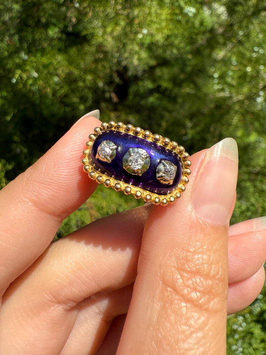 French Antique Bague Au Firmament Three Old Mine Cut Diamond Blue Enamel 18k Gold Ring of Heaven STAR Victorian Ornate Bead Rivet Halo OMC