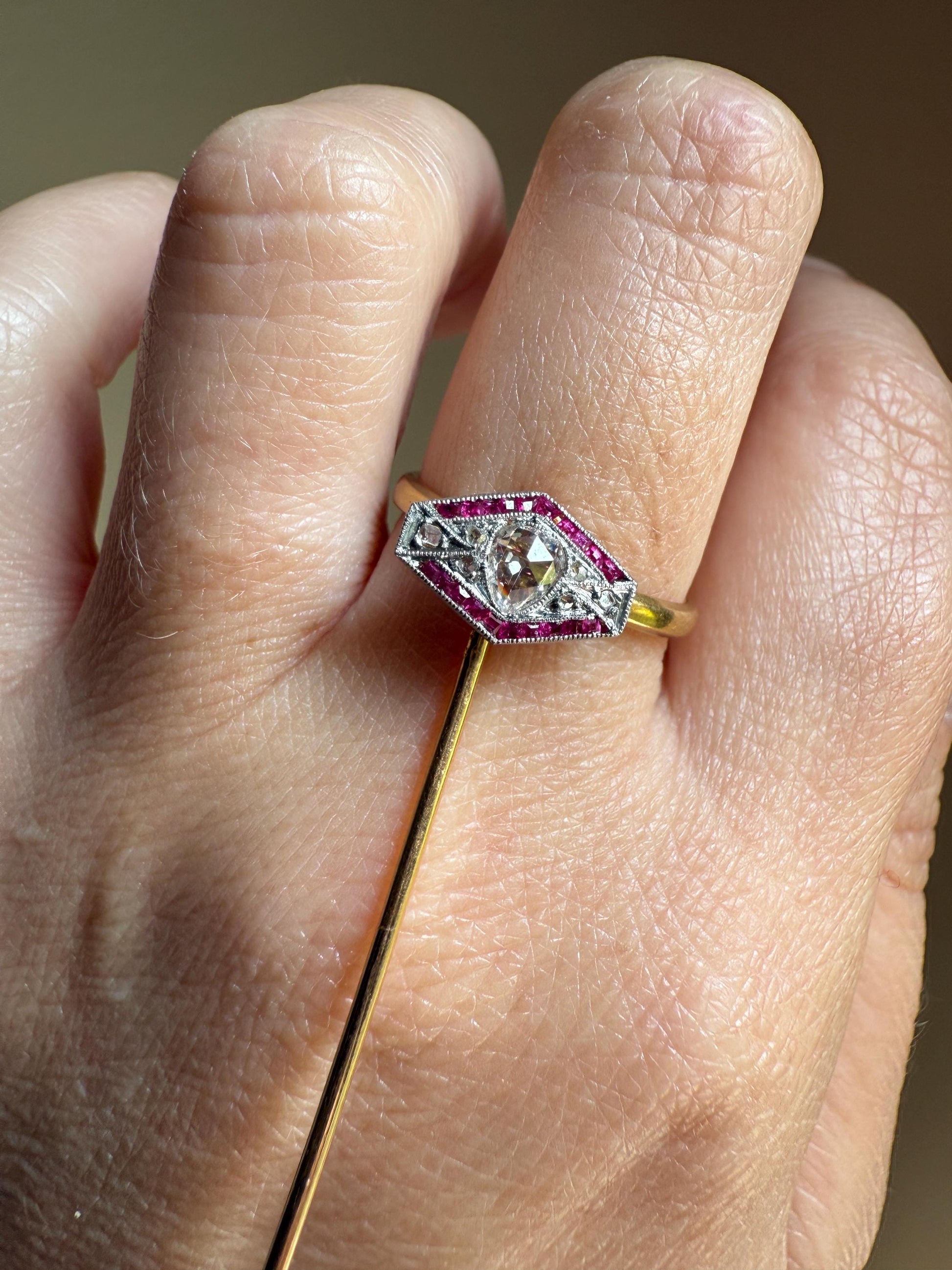 Hexagon SHIELD Ruby Eye Clean PEAR Rose Cut DIAMOND Stick Pin for Ring Pendant Bracelet Conversion French Antique 18k Gold Art Deco Charm