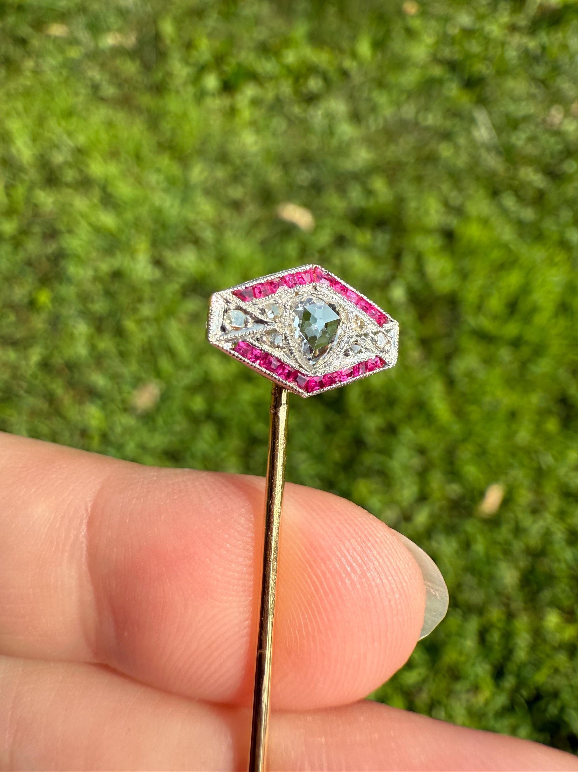 Hexagon SHIELD Ruby Eye Clean PEAR Rose Cut DIAMOND Stick Pin for Ring Pendant Bracelet Conversion French Antique 18k Gold Art Deco Charm