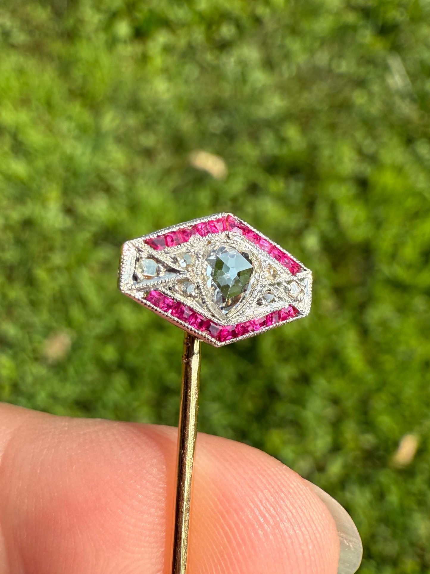 Hexagon SHIELD Ruby Eye Clean PEAR Rose Cut DIAMOND Stick Pin for Ring Pendant Bracelet Conversion French Antique 18k Gold Art Deco Charm