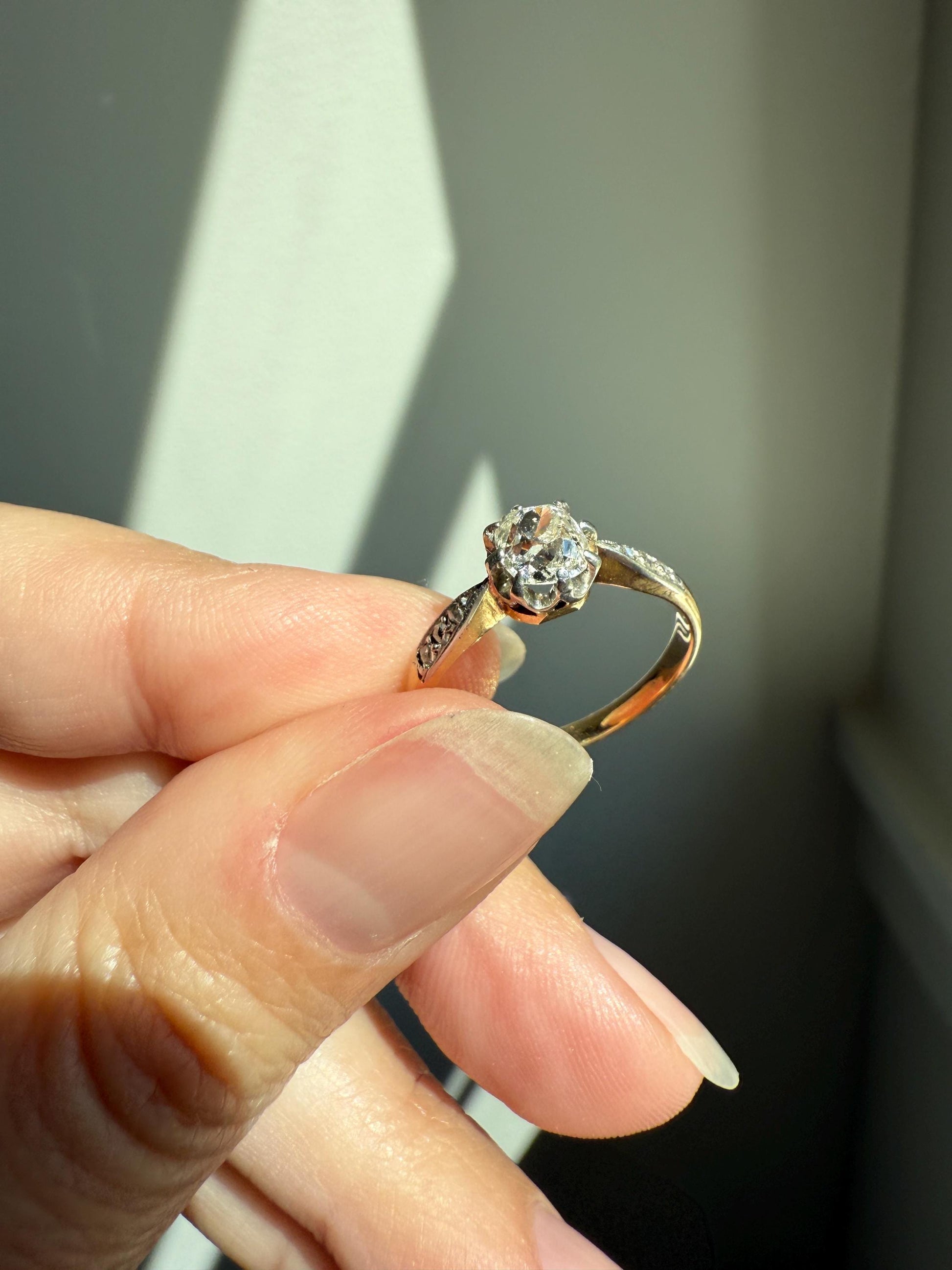 Classic Antique .67 Carat Old Mine Cut Diamond & Rose Cut Accents 18k Gold French Victorian Engagement Ring Solitaire Band Stacker OMC
