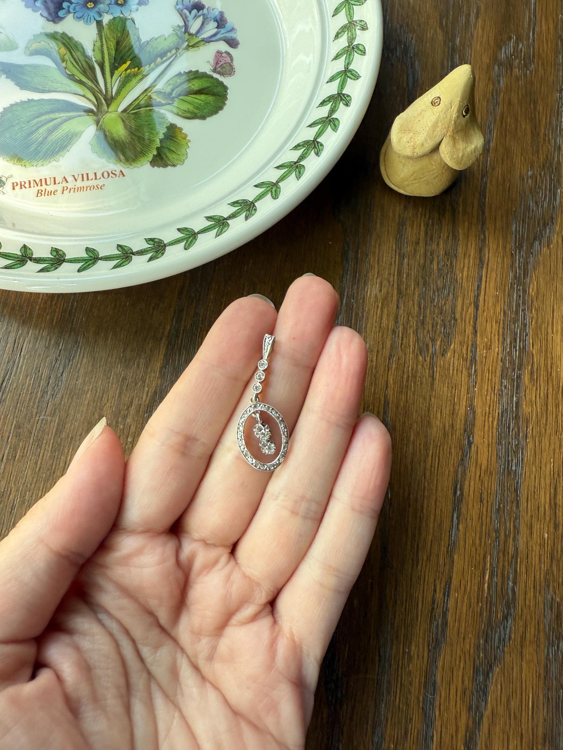 Oval Dangle Pendant 17 Old Mine Single Rose Cut DIAMOND Pendant 18k White Gold Open Work French Antique Linear Halo Geometric Sparkle