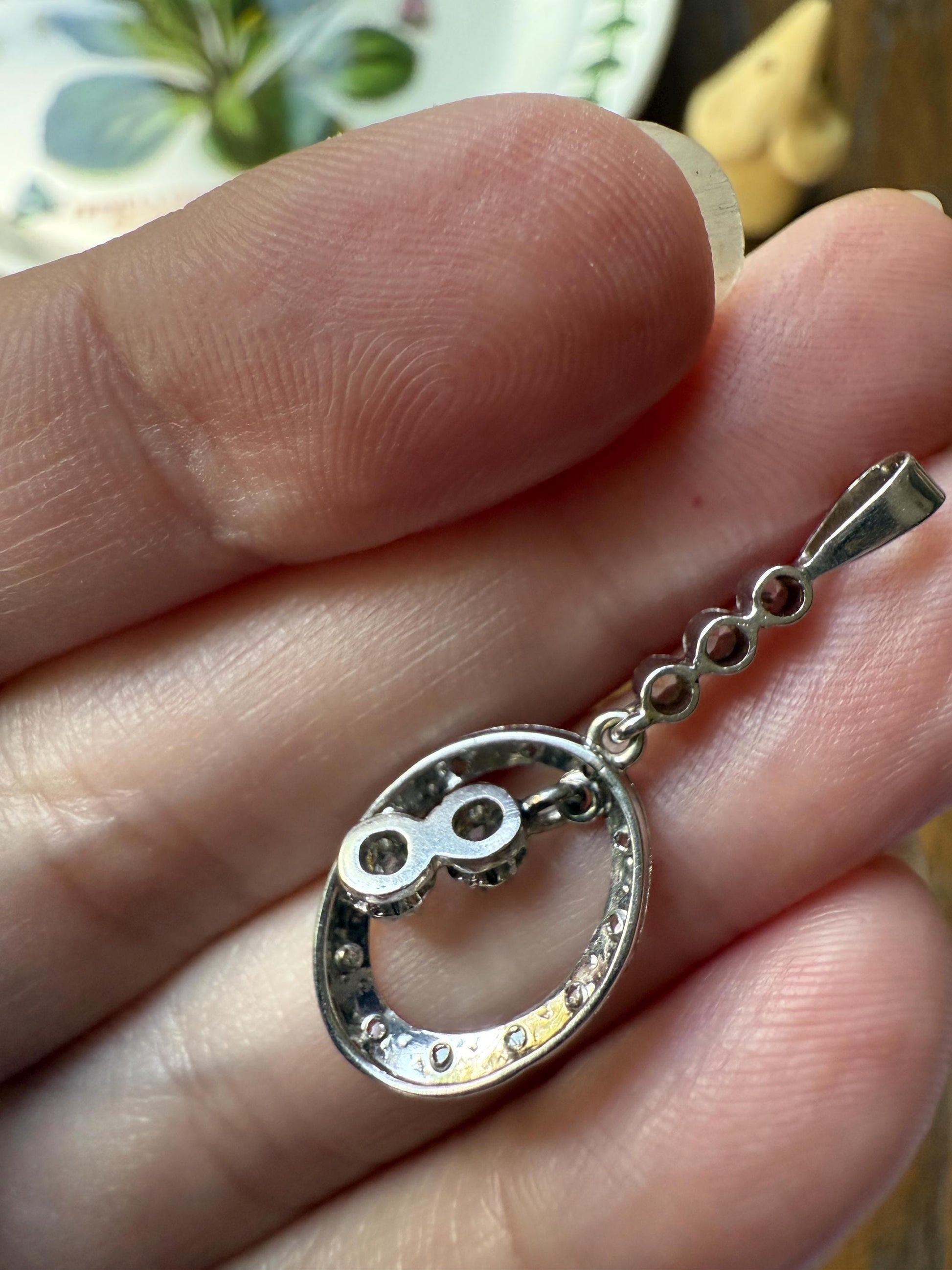 Oval Dangle Pendant 17 Old Mine Single Rose Cut DIAMOND Pendant 18k White Gold Open Work French Antique Linear Halo Geometric Sparkle