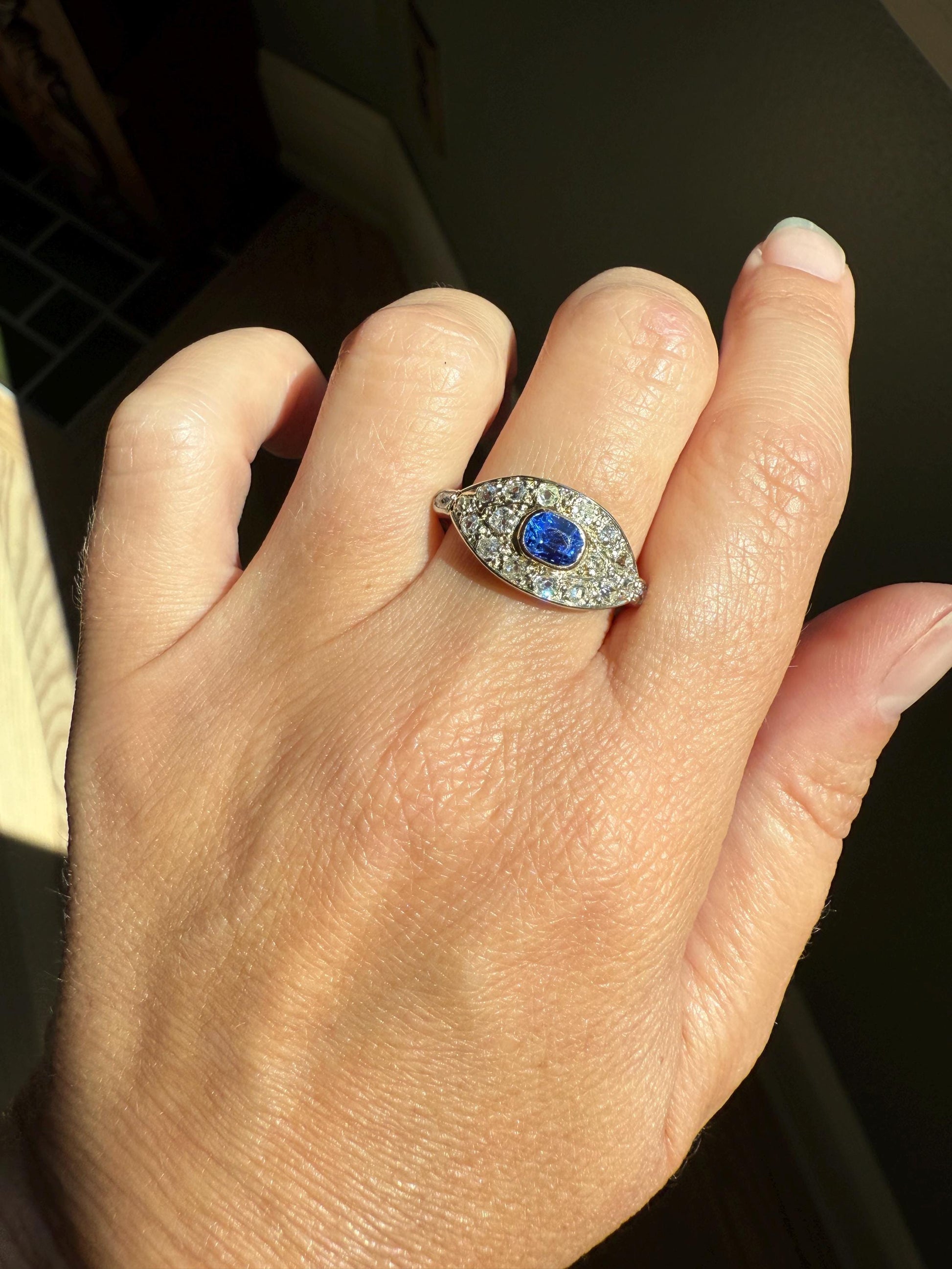 East West SAPPHIRE .8Ctw Old Mine Cut DIAMOND Antique Ring French 18k Gold Blue Stacker Band Pave Domed Shield Edwardian Cobblestone Texture