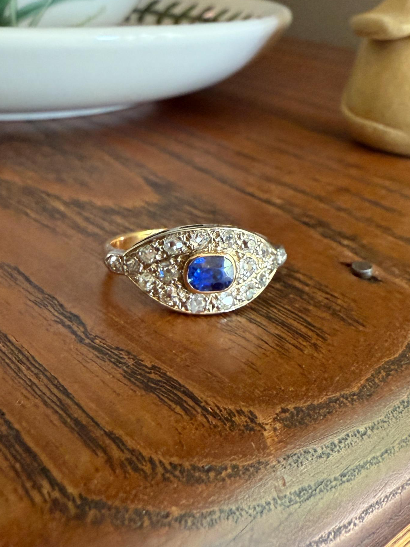 East West SAPPHIRE .8Ctw Old Mine Cut DIAMOND Antique Ring French 18k Gold Blue Stacker Band Pave Domed Shield Edwardian Cobblestone