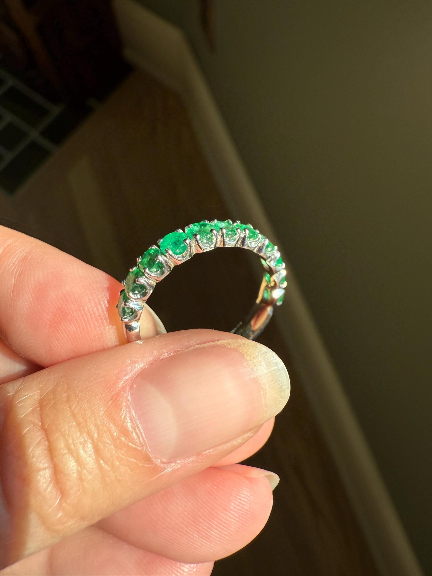 EMERALD Vintage 3.8mm Half Eternity Hoop Ring 18k White Gold French Band Stacker 11 Stone Green Skinny Line Romantic Gift