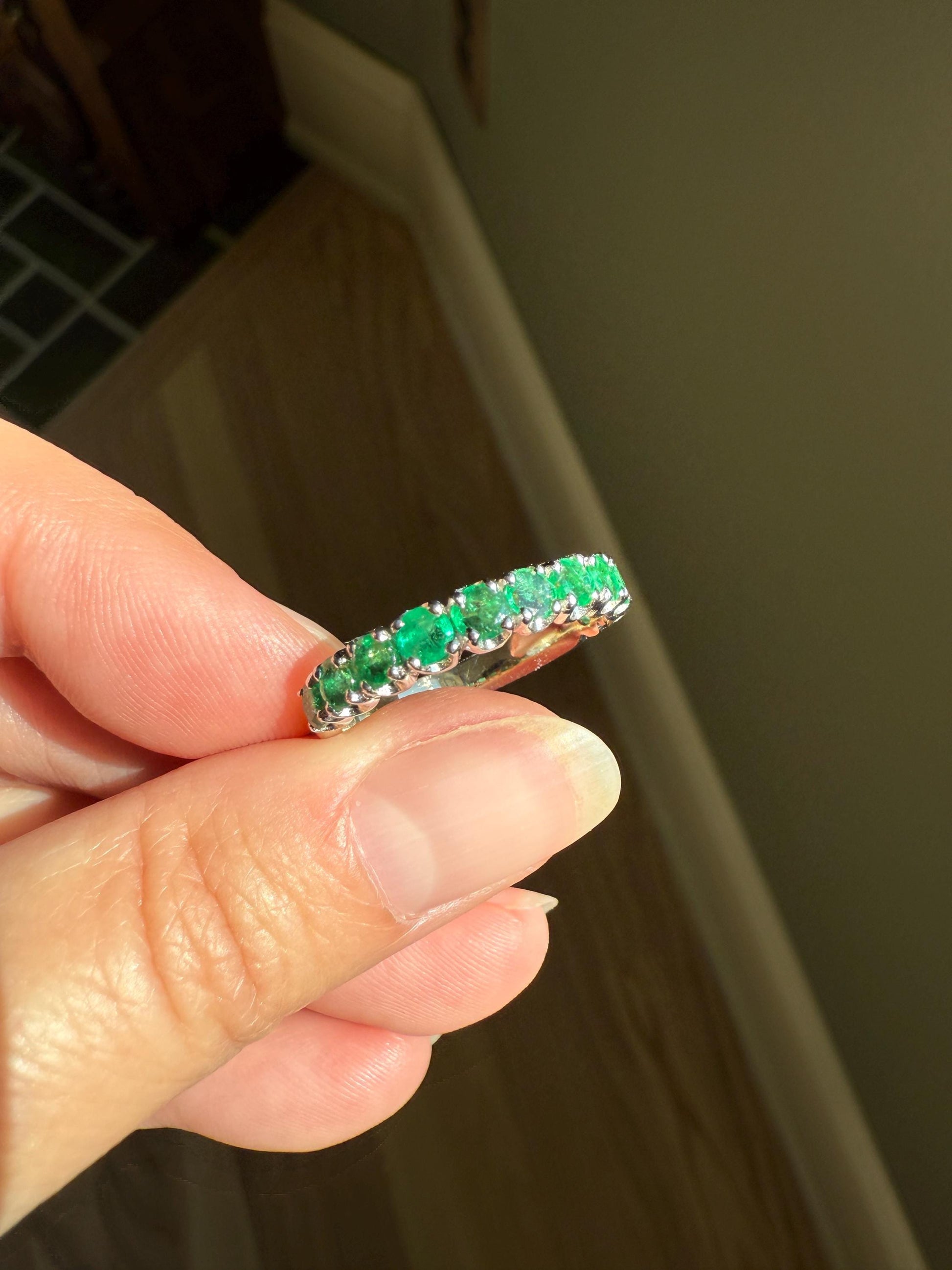 EMERALD Vintage 3.8mm Half Eternity Hoop Ring 18k White Gold French Band Stacker 11 Stone Green Skinny Line Romantic Gift