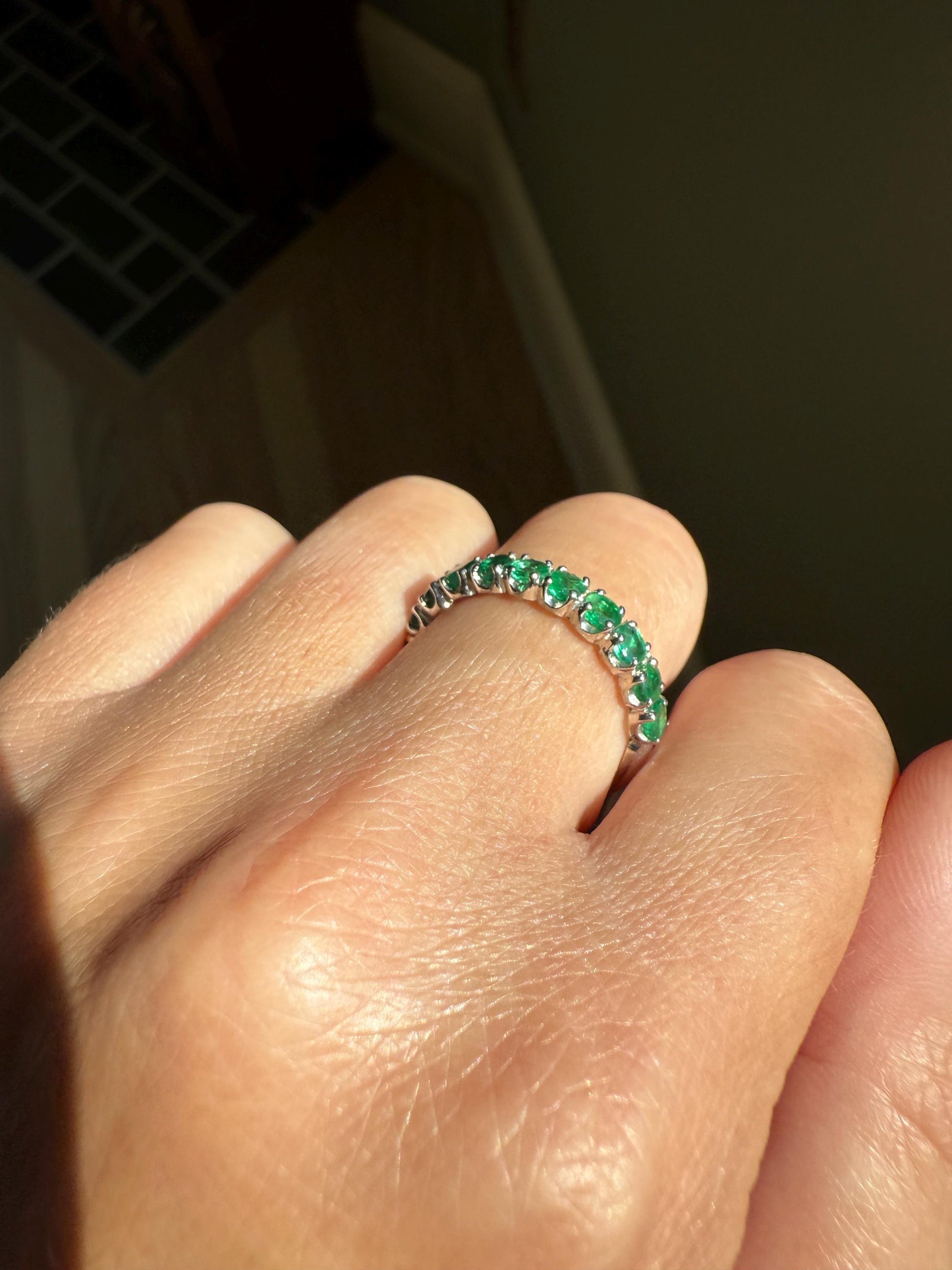 EMERALD Vintage 3.8mm Half Eternity Hoop Ring 18k White Gold French Band Stacker 11 Stone Green Skinny Line Romantic Gift