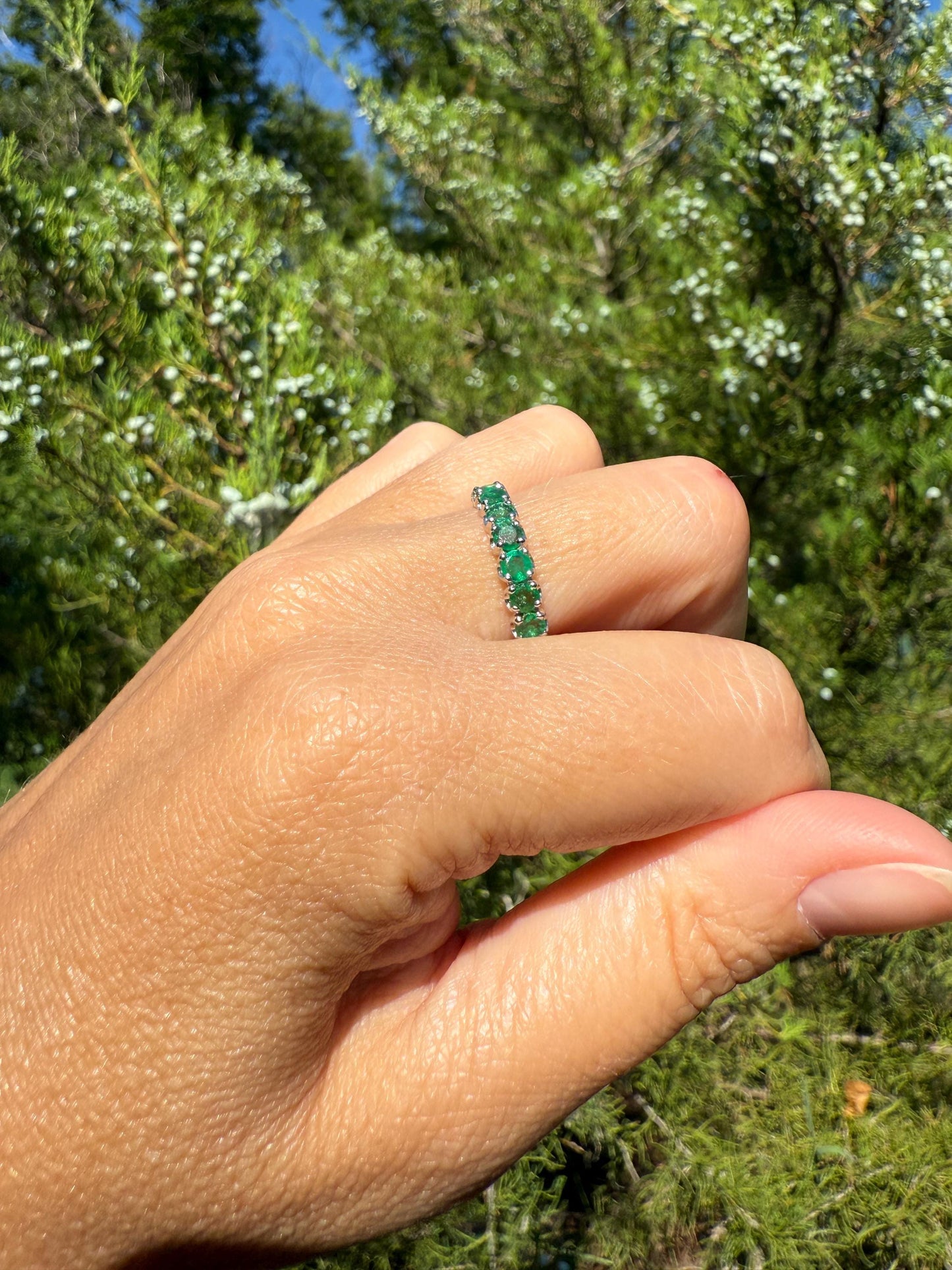 EMERALD Vintage 3.8mm Half Eternity Hoop Ring 18k White Gold French Band Stacker 11 Stone Green Skinny Line Romantic Gift