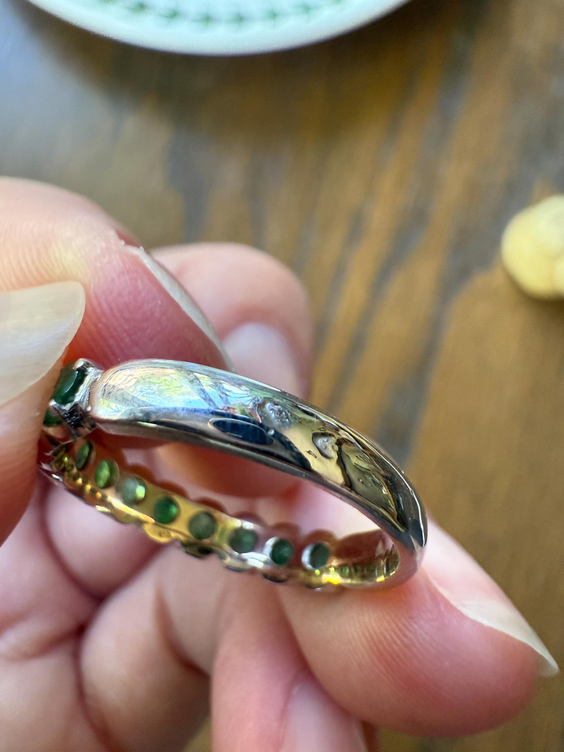 EMERALD Vintage 3.8mm Half Eternity Hoop Ring 18k White Gold French Band Stacker 11 Stone Green Skinny Line Romantic Gift