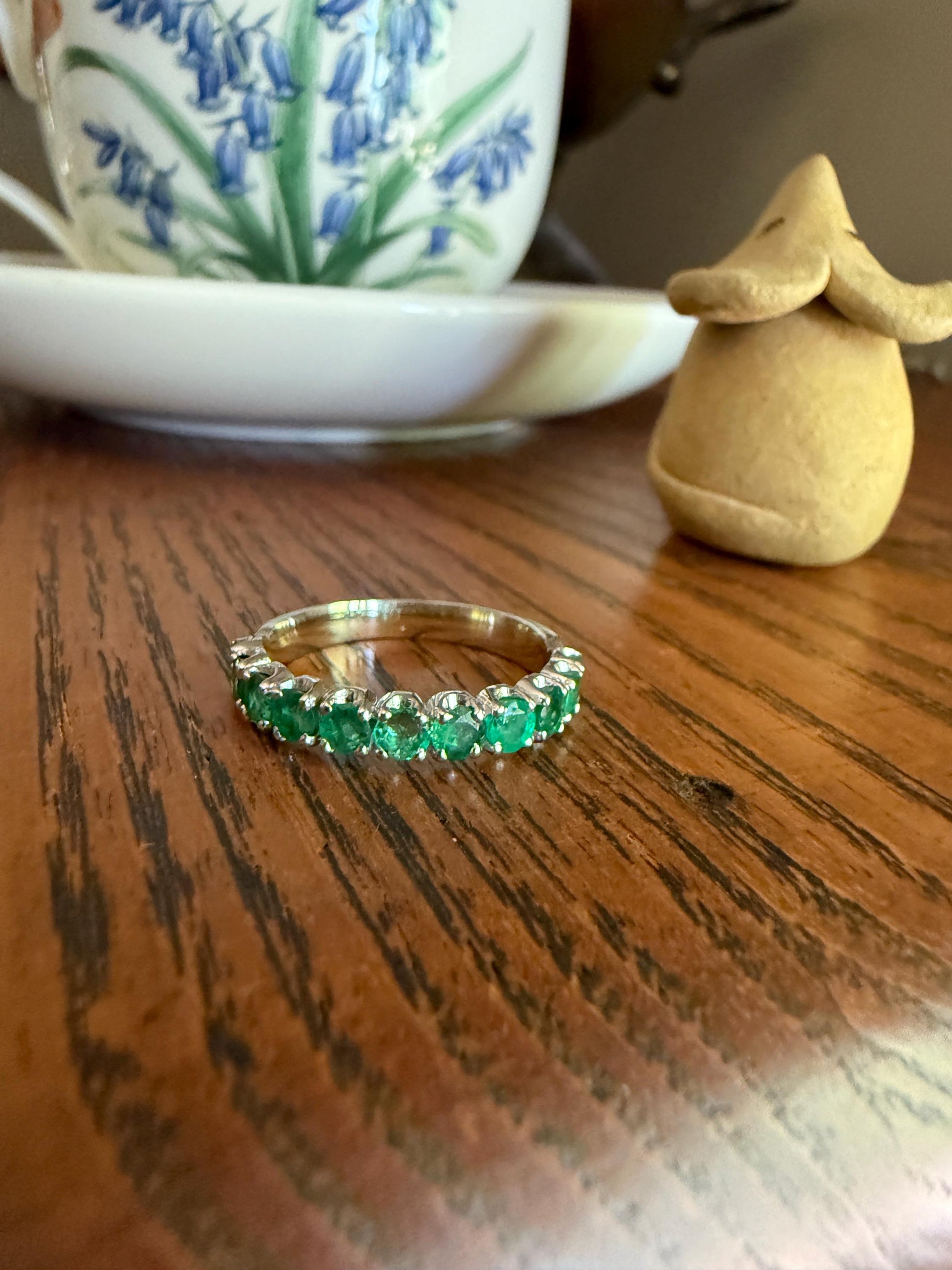 EMERALD Vintage 3.8mm Half Eternity Hoop Ring 18k White Gold French Band Stacker 11 Stone Green Skinny Line Romantic Gift