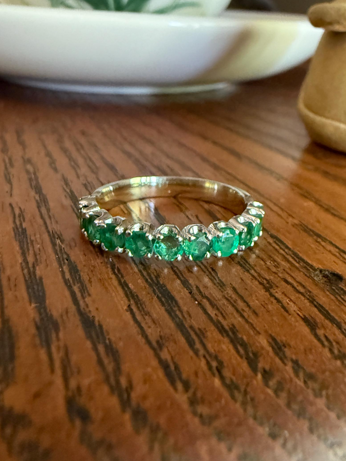 EMERALD Vintage 3.8mm Half Eternity Hoop Ring 18k White Gold French Skinny Band Stacker 11 Stone Green