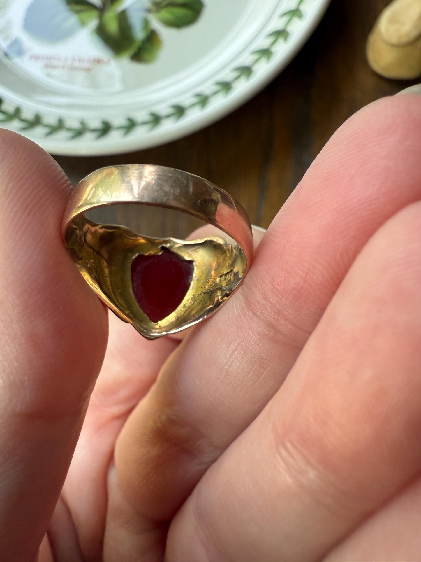 SHIELD Cut Carnelian Chunky Signet Ring 9k Gold Ornate Scrolled Edwardian Man or Unisex Band Stacker Figural Platform